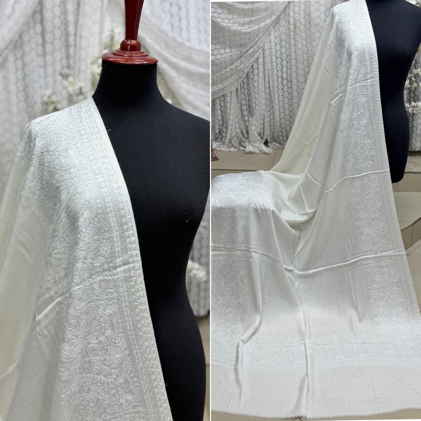 Kashmiri Shawl | 4 Side Wide Border Kashmiri Embroidery | White