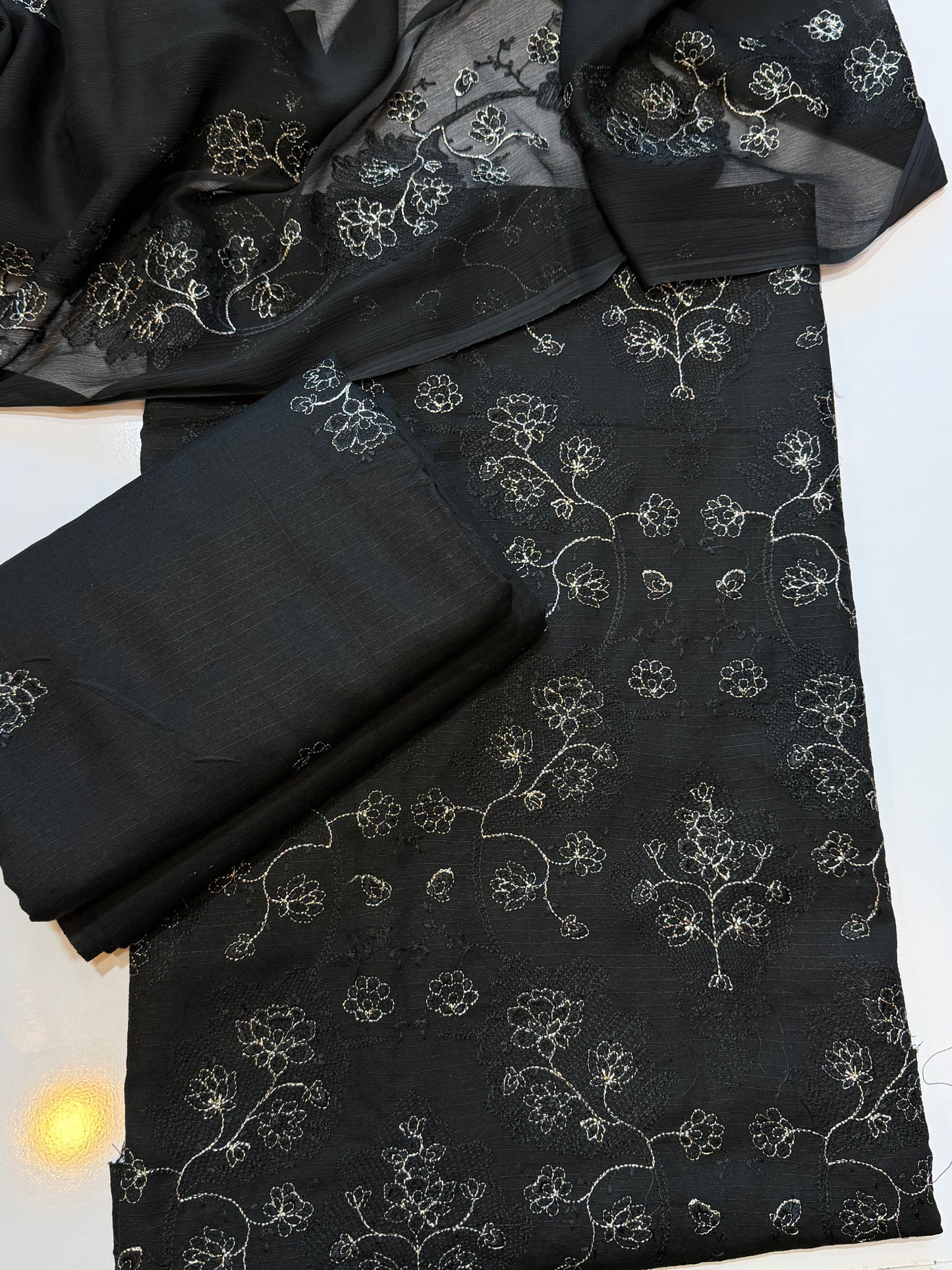 Karandi 3 Piece Embroidered Suit Crinkle Dupatta | Black