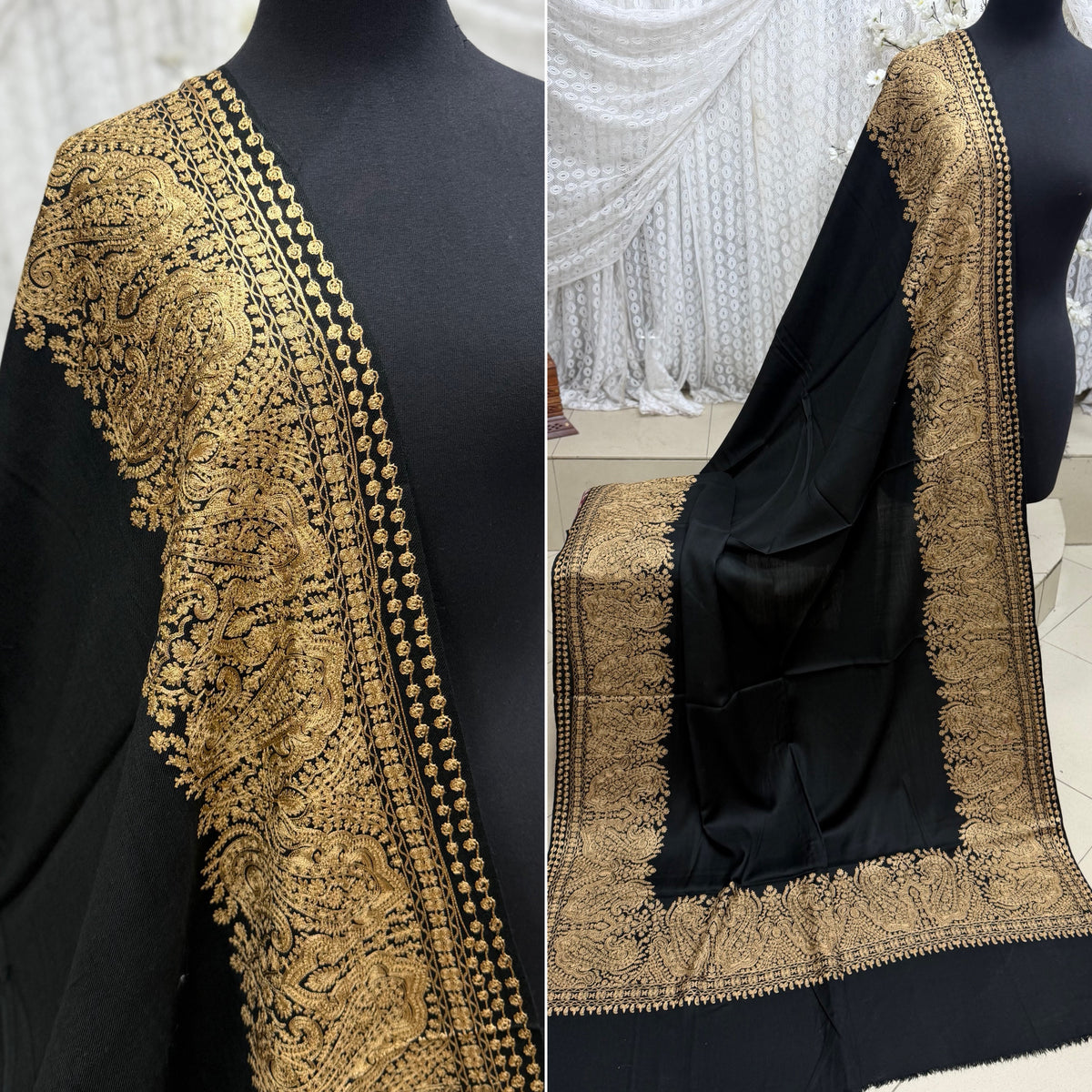 Kashmiri Shawl | 4 Side Wide Border Kashmiri Embroidery | Black Skin