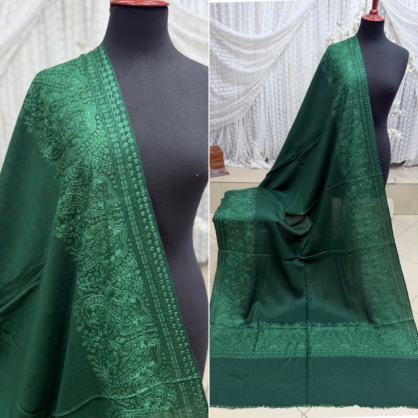 Kashmiri Shawl | 4 Side Wide Border Kashmiri Embroidery | Green