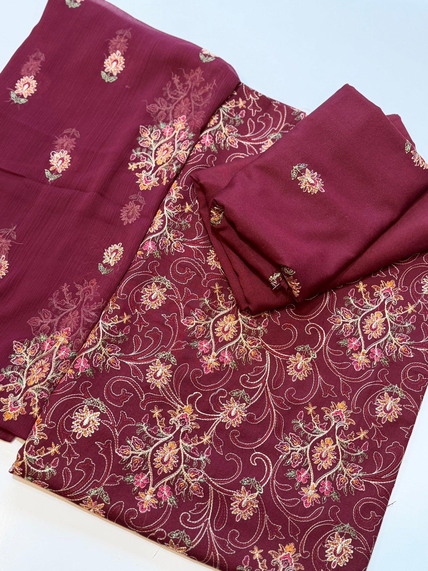 Karandi 3 Piece Embroidered Suit Crinkle Dupatta | Maroon
