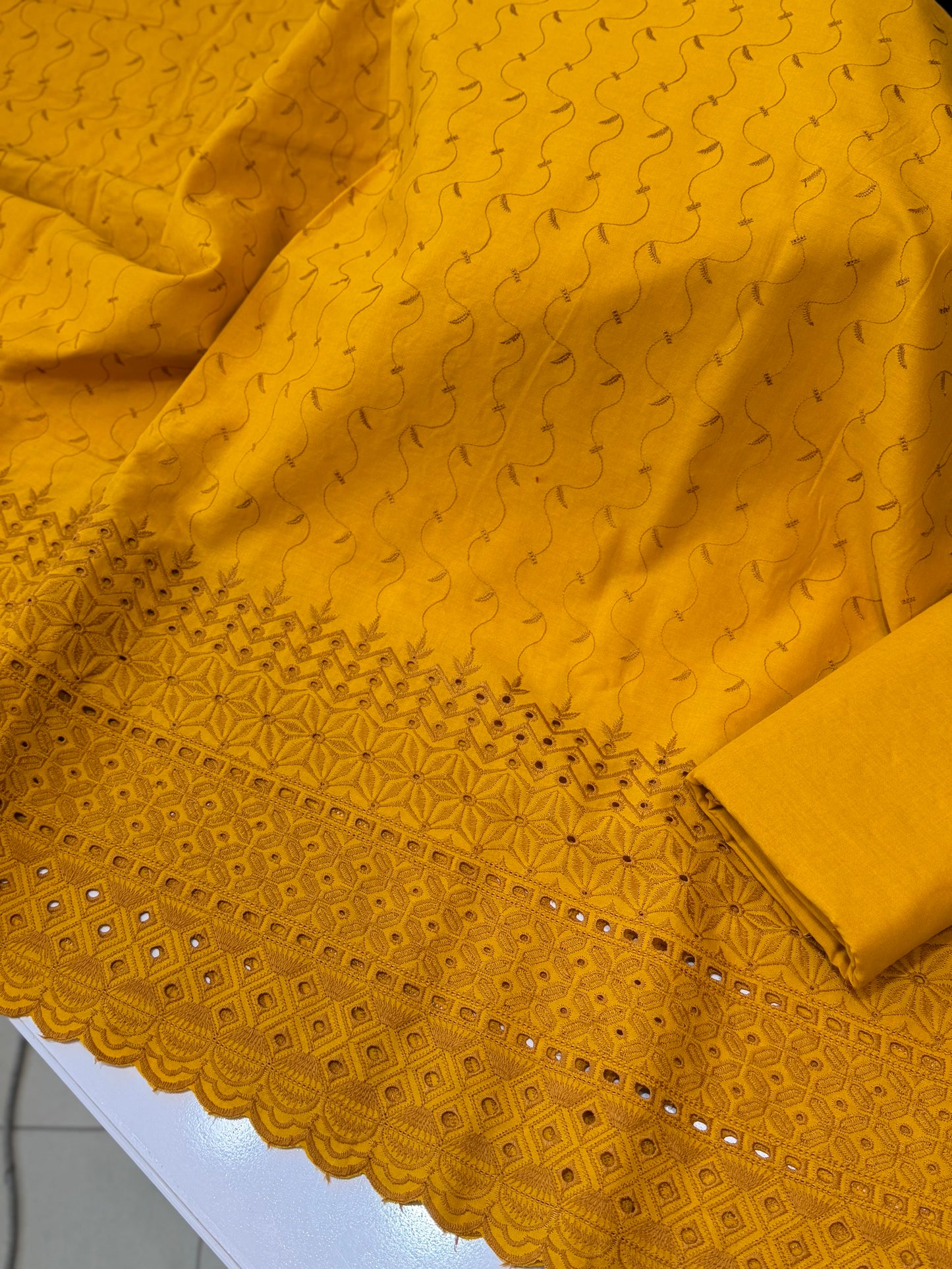 Chikankari Lawn 2 Piece Suit Daman Bore Long Length Suit | Mustard