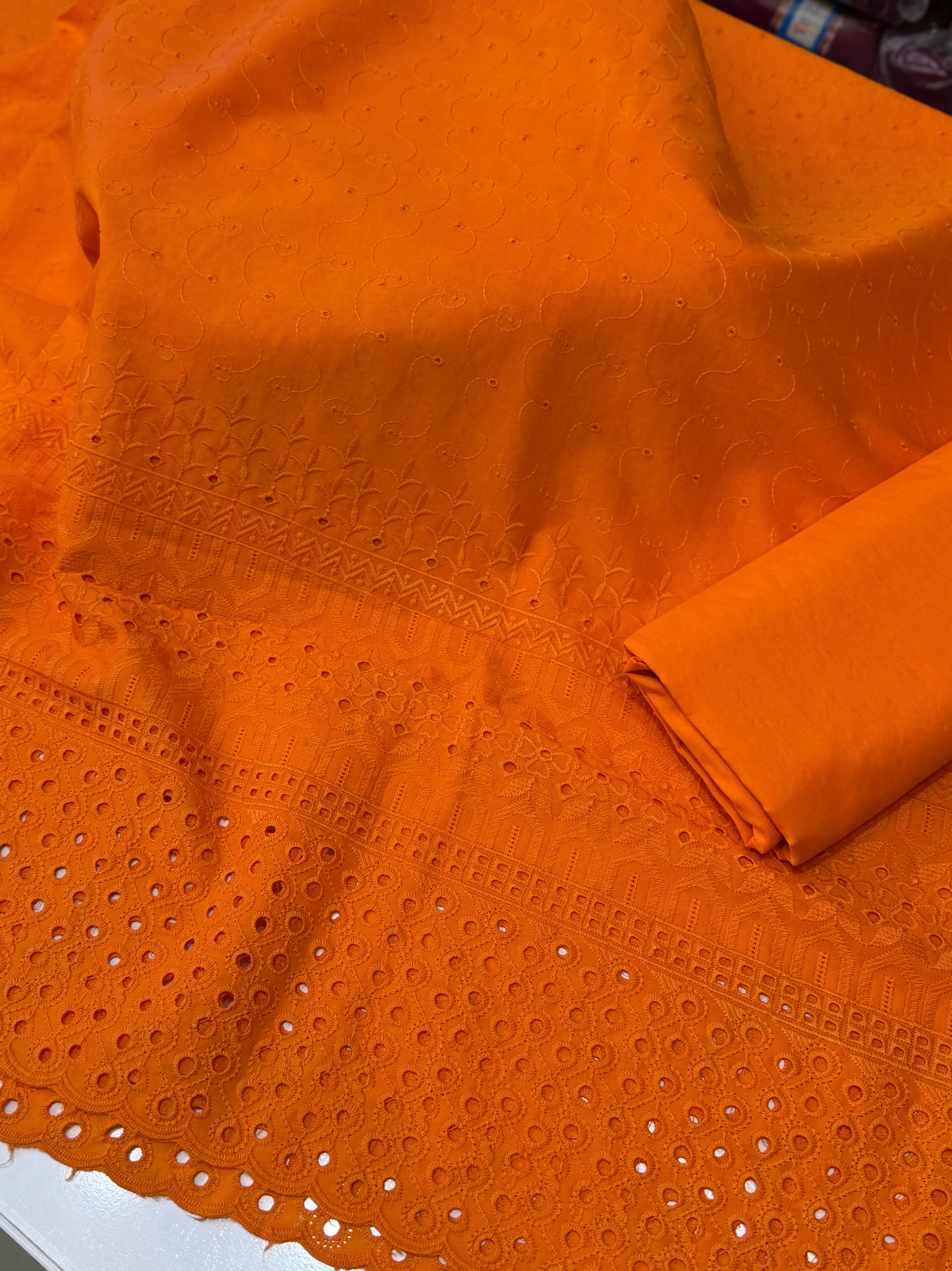 Chikankari Lawn 2 Piece Suit Daman Bore Long Length Suit | Orange