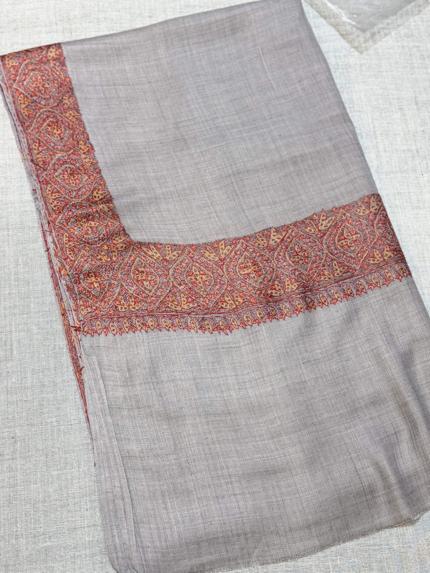 Kashmiri Shawl | Handmade Border Embroidery Made in Kashmir Pure Pashmina | Grey