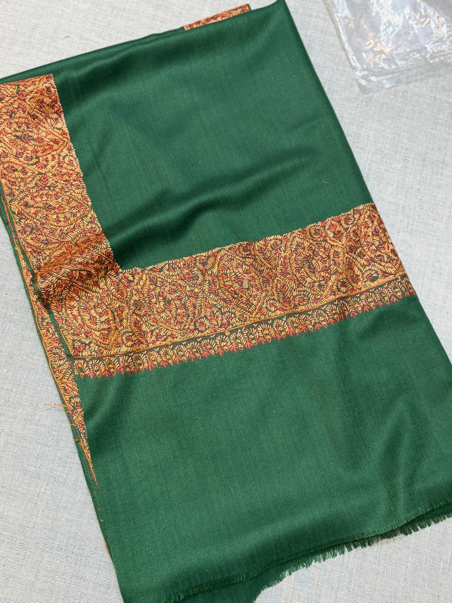 Kashmiri Shawl | Handmade Border Embroidery Made in Kashmir Pure Pashmina | Dark Green