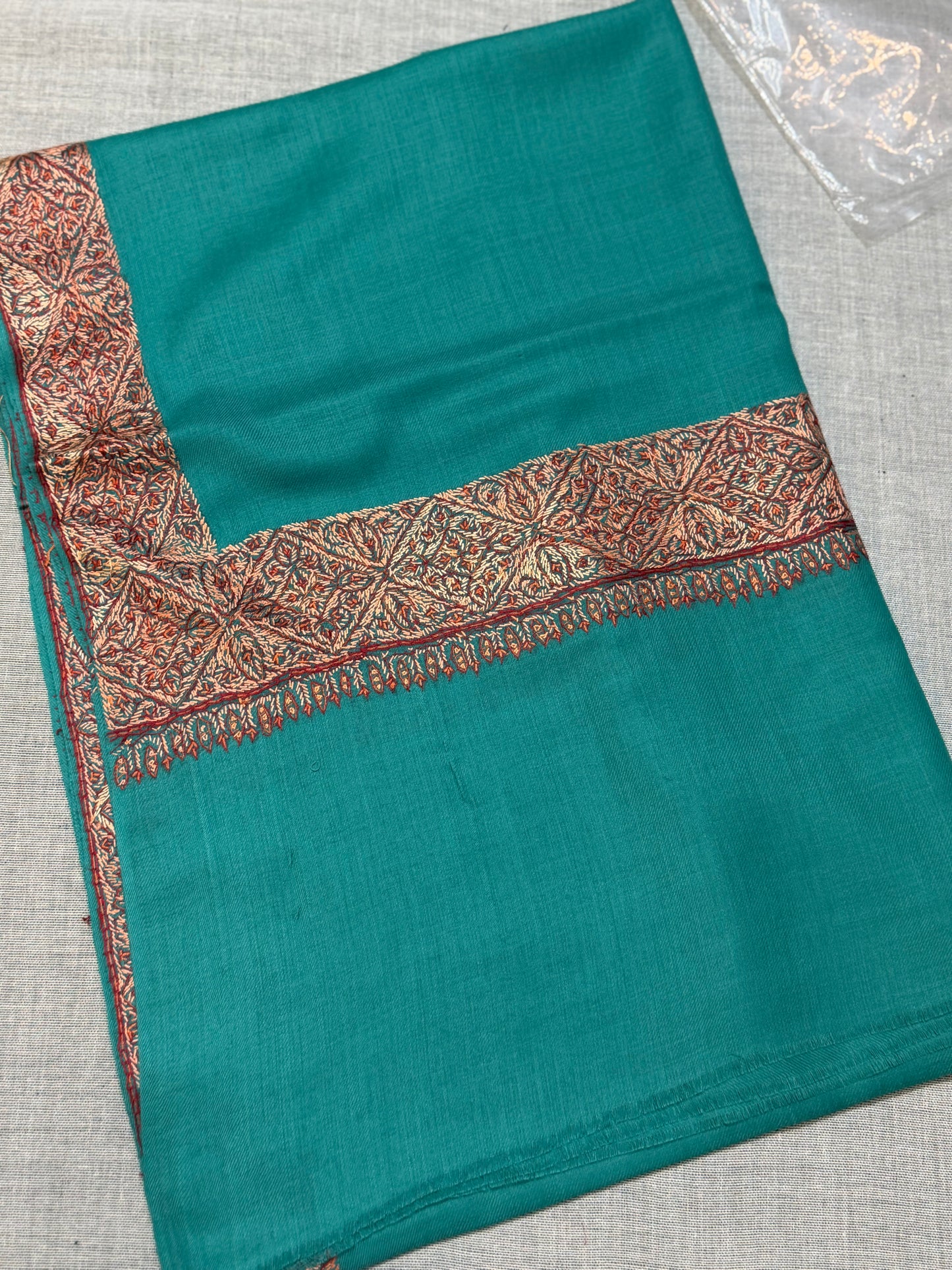 Kashmiri Shawl | Handmade Border Embroidery Made in Kashmir Pure Pashmina | Sea Green
