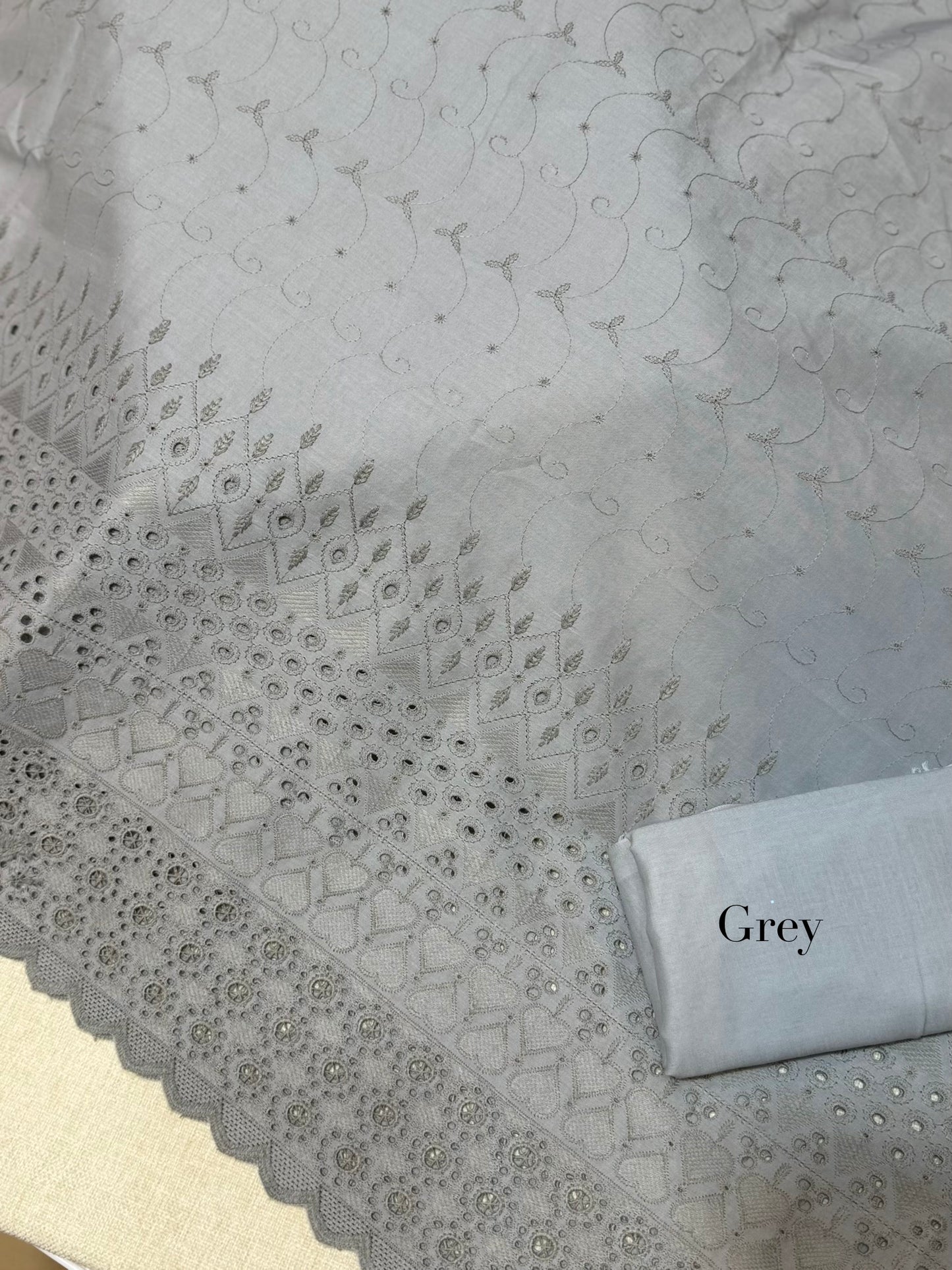 Chikankari Lawn 2 Piece Suit Daman Bore Long Length Suit | Grey