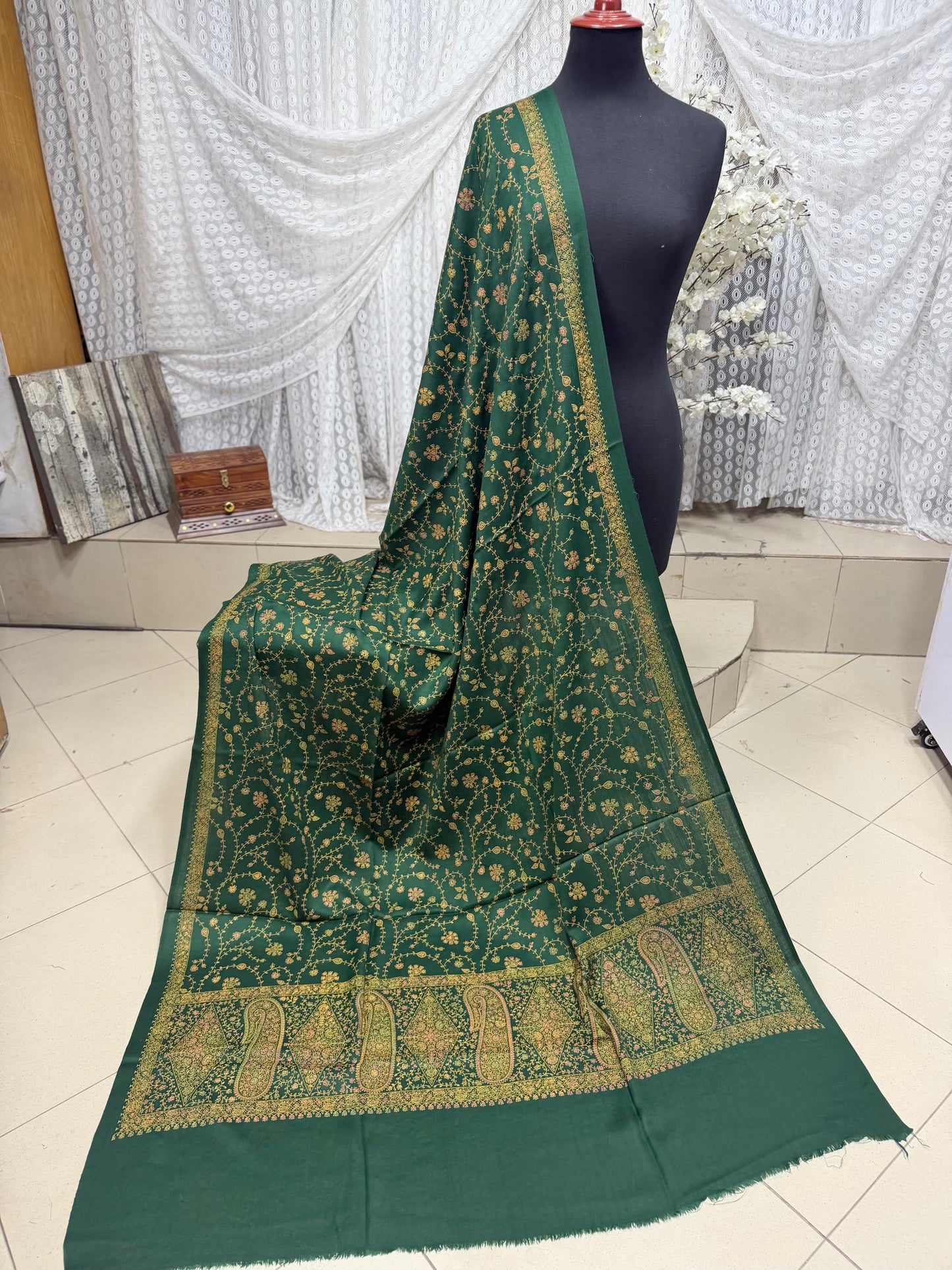 Pashmina Shawl | Hand Embroidery on Print Beautiful Shawl | Green