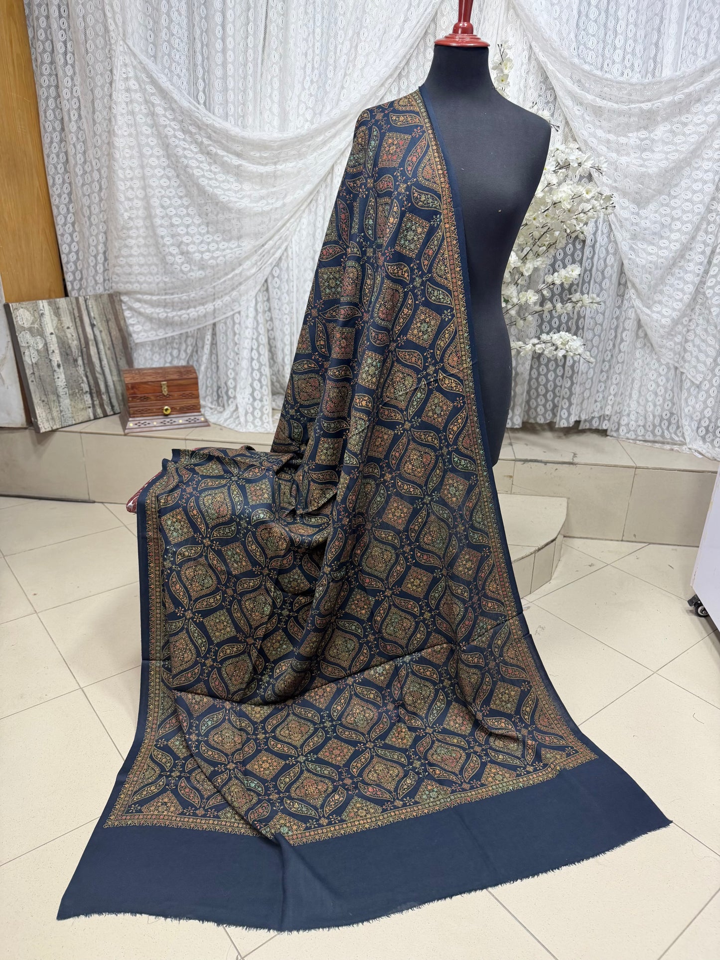Pashmina Shawl | Hand Embroidery on Print Beautiful Shawl | Blue