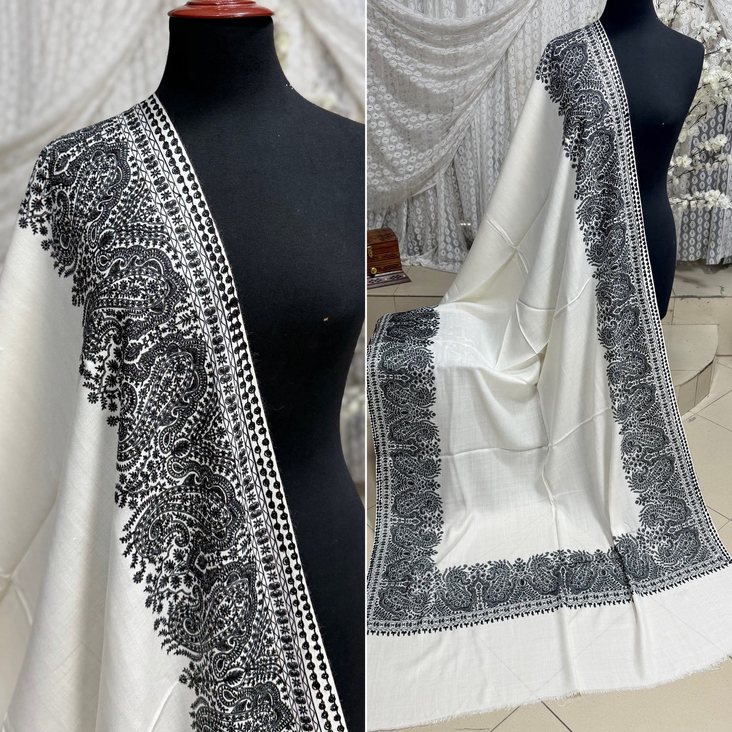Kashmiri Shawl | 4 Side Wide Border Kashmiri Embroidery | White Black