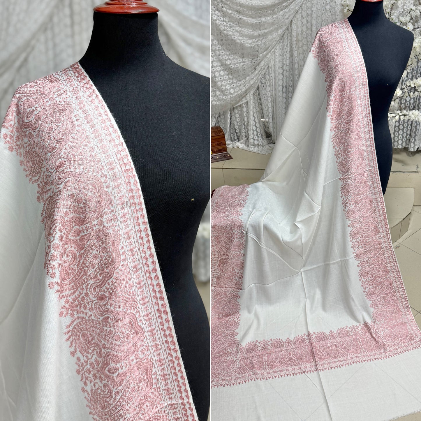 Kashmiri Shawl | 4 Side Wide Border Kashmiri Embroidery | White Pink