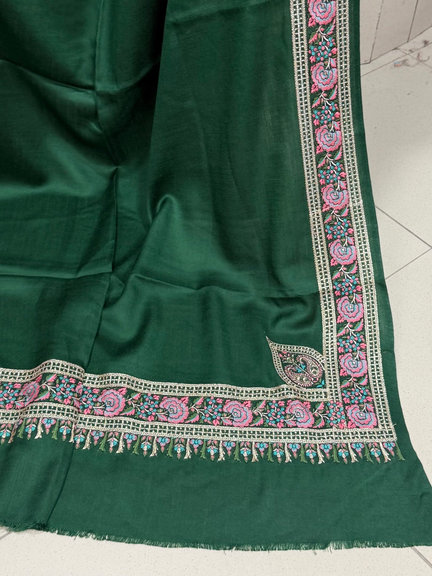 Kashmiri Shawl | Border Papermache Tilla Embroidery | Dark Green