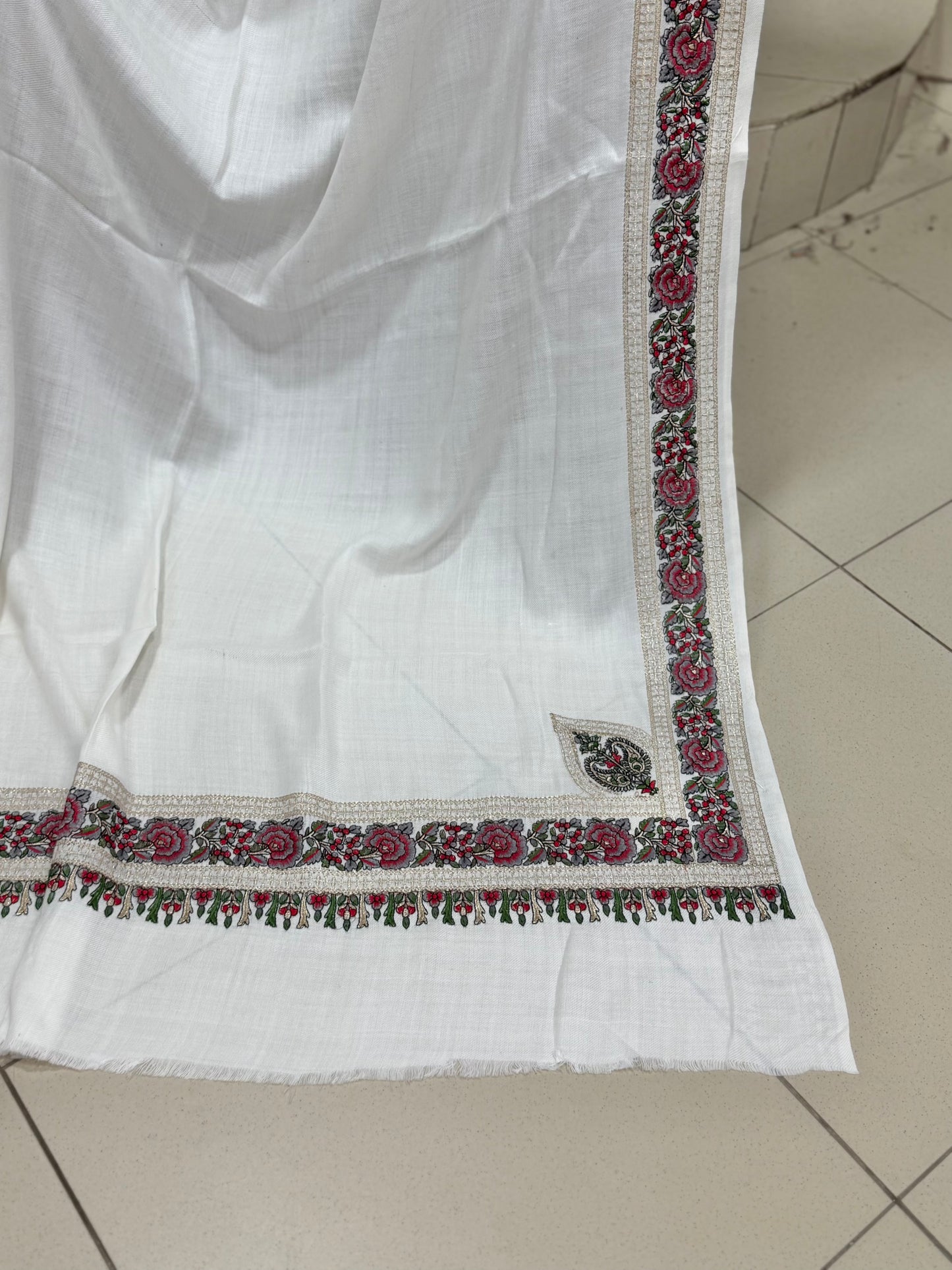 Kashmiri Shawl | Border Papermache Tilla Embroidery | Off White