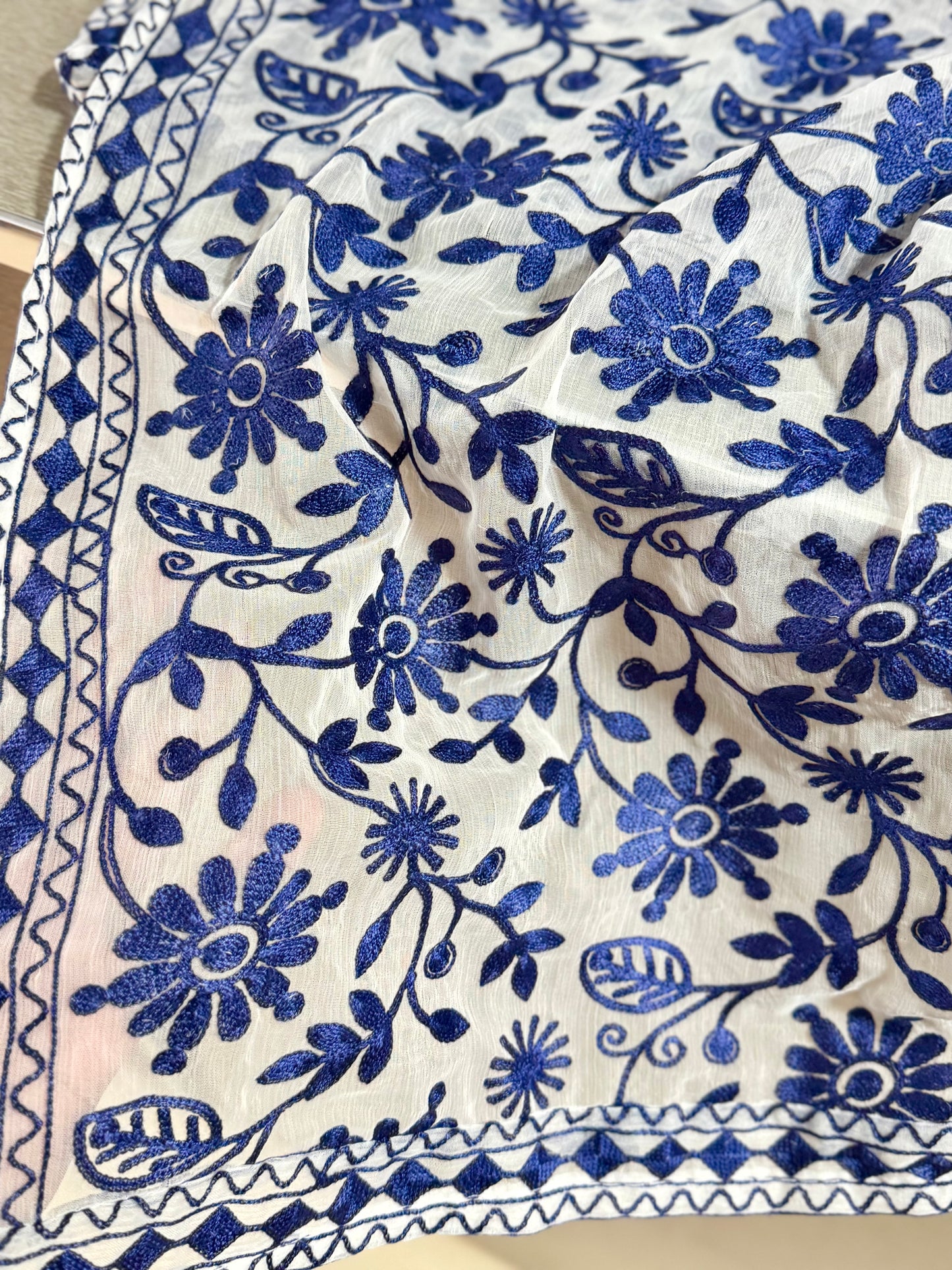 Crinkle Chiffon Embroidered Dupatta | White With Blue Flower Jaal