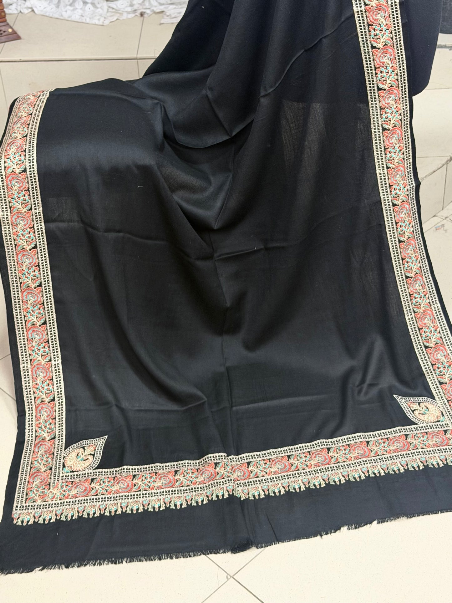 Kashmiri Shawl | Border Papermache Tilla Embroidery | Black