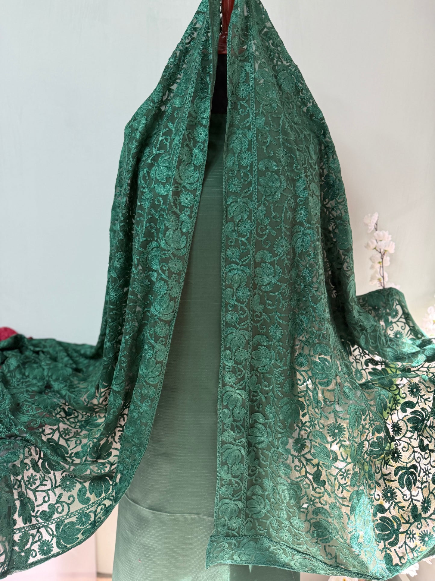 3 Piece Doria Lawn Suit With Chiffon Embroidered Dupatta | Dark Green
