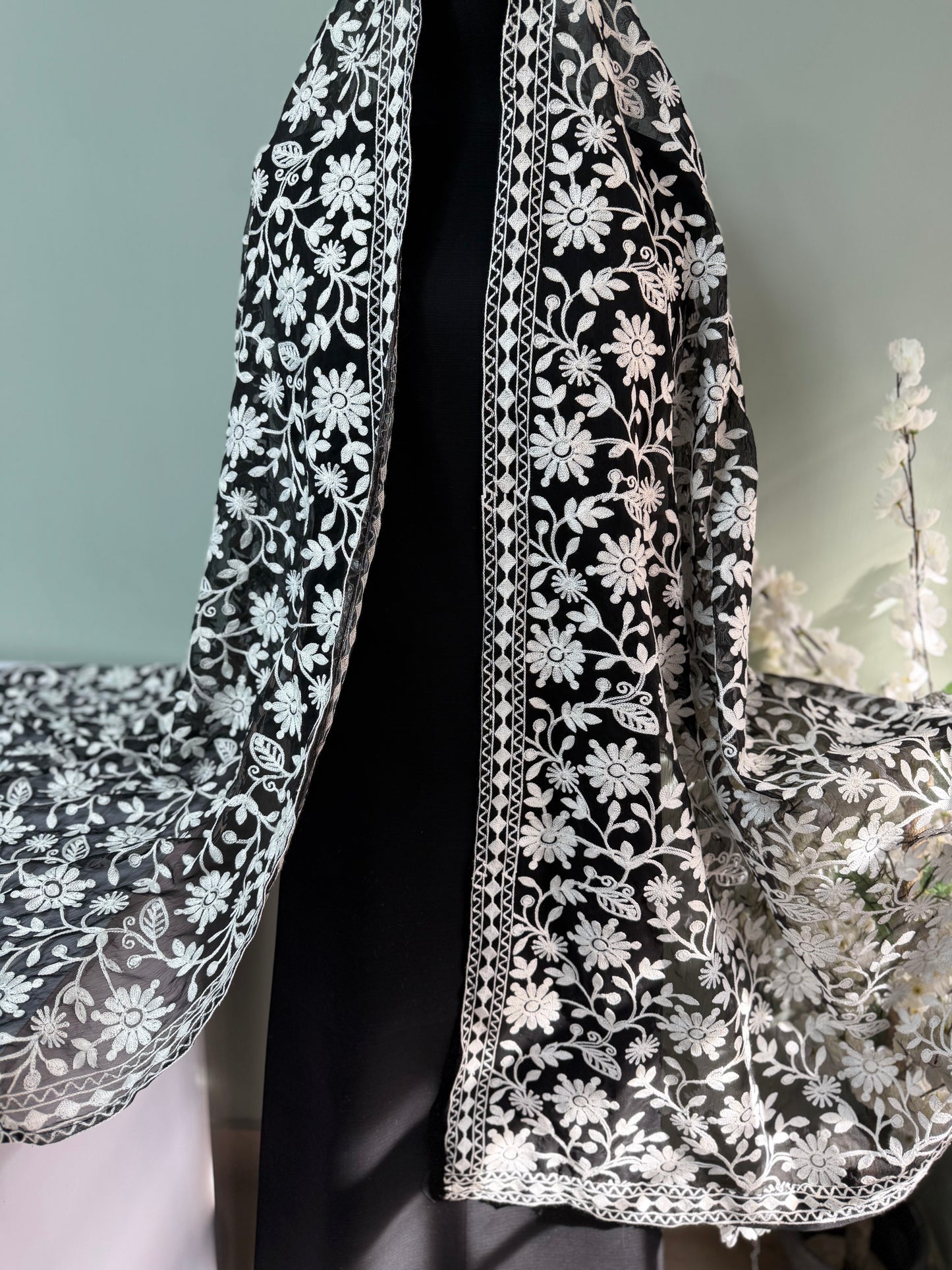 3 Piece Doria Lawn Suit With Chiffon Embroidered Dupatta | Black With White