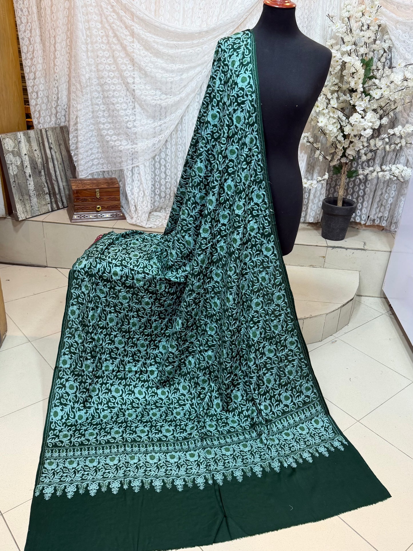 Kashmiri Jaal Shawl | Full Embroidered Shawl Resham Work Aar Embroidery | Green