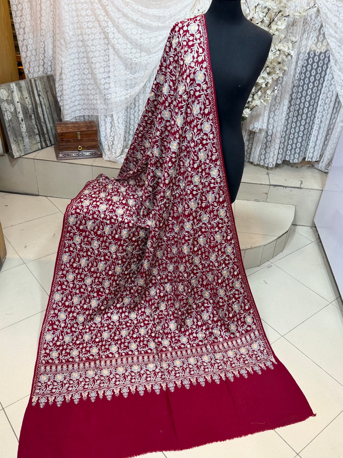 Kashmiri Jaal Shawl | Full Embroidered Shawl Resham Work Aar Embroidery | Maroon