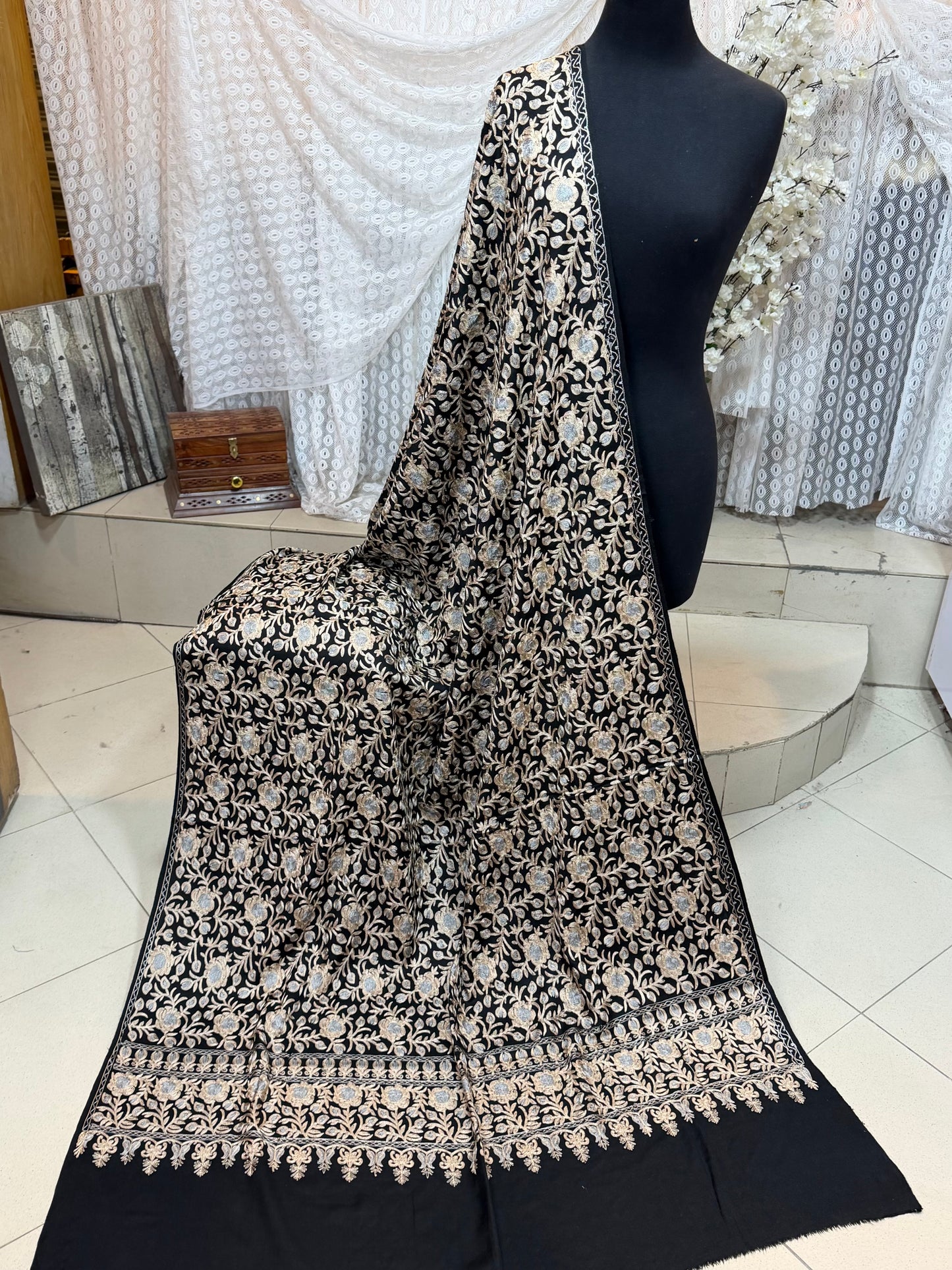 Kashmiri Jaal Shawl | Full Embroidered Shawl Resham Work Aar Embroidery | Black