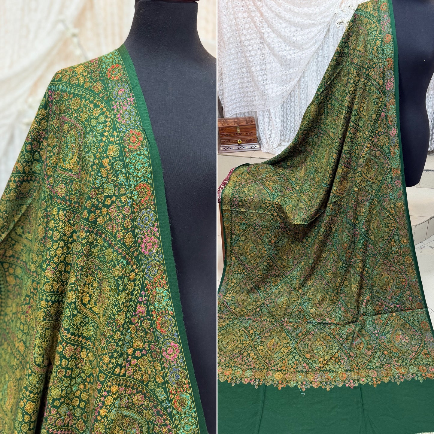 Special Pashmina Shawl | Hand Embroidery on Print Beautiful Jaal Shawl | Dark Green