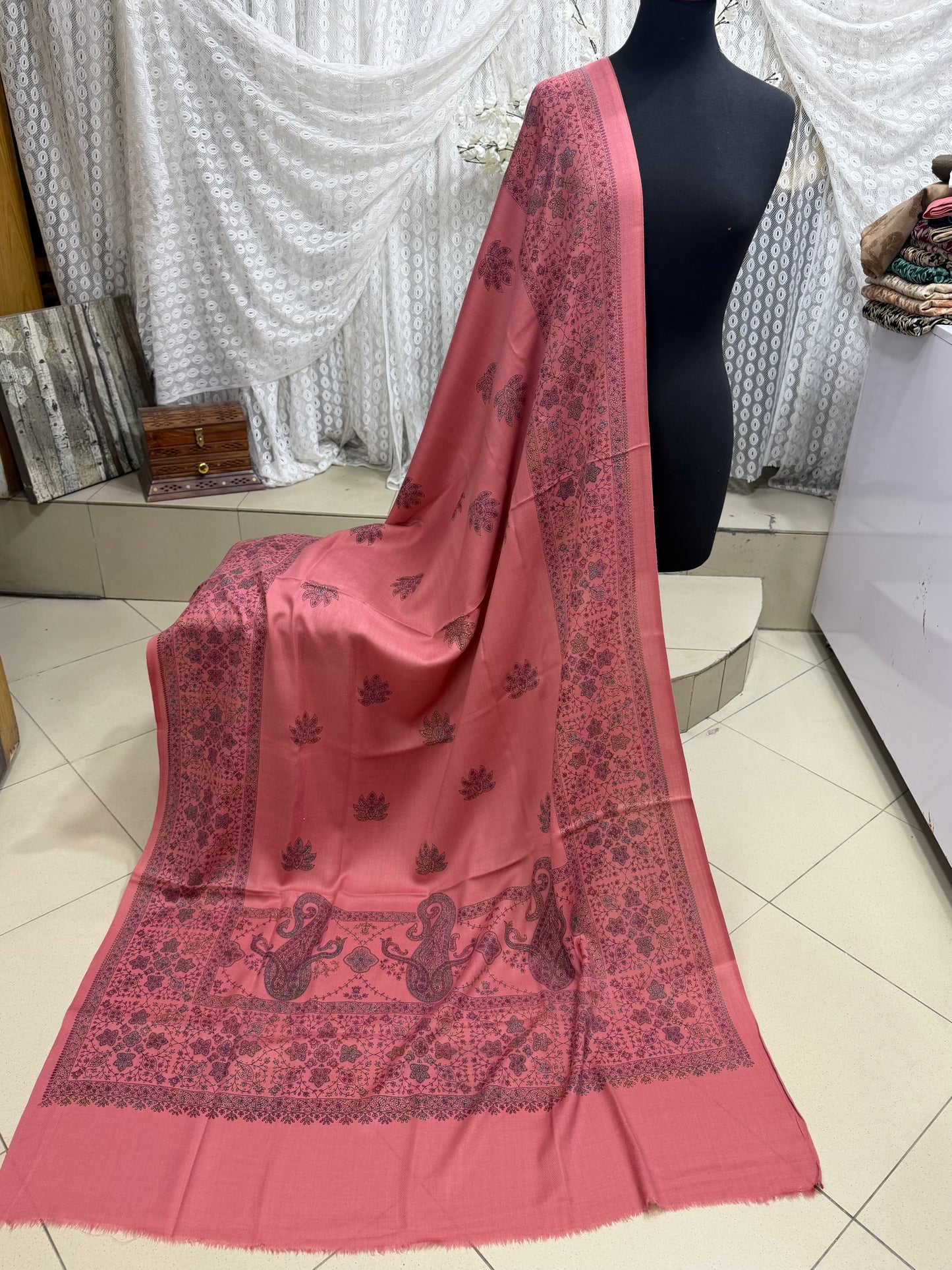 Pashmina Shawl | Hand Embroidery on Print Beautiful Shawl | Pink