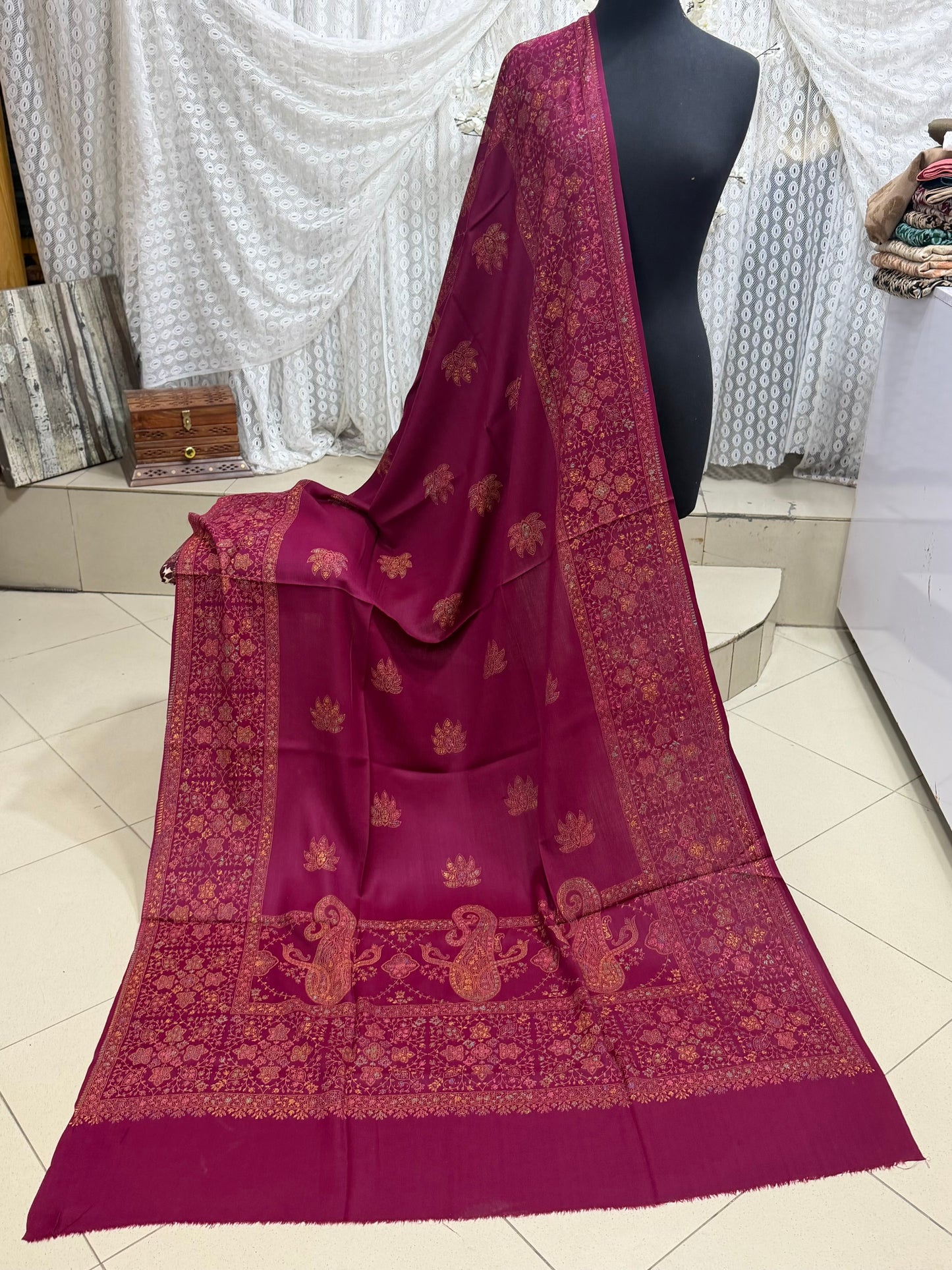 Pashmina Shawl | Hand Embroidery on Print Beautiful Shawl | Magenta
