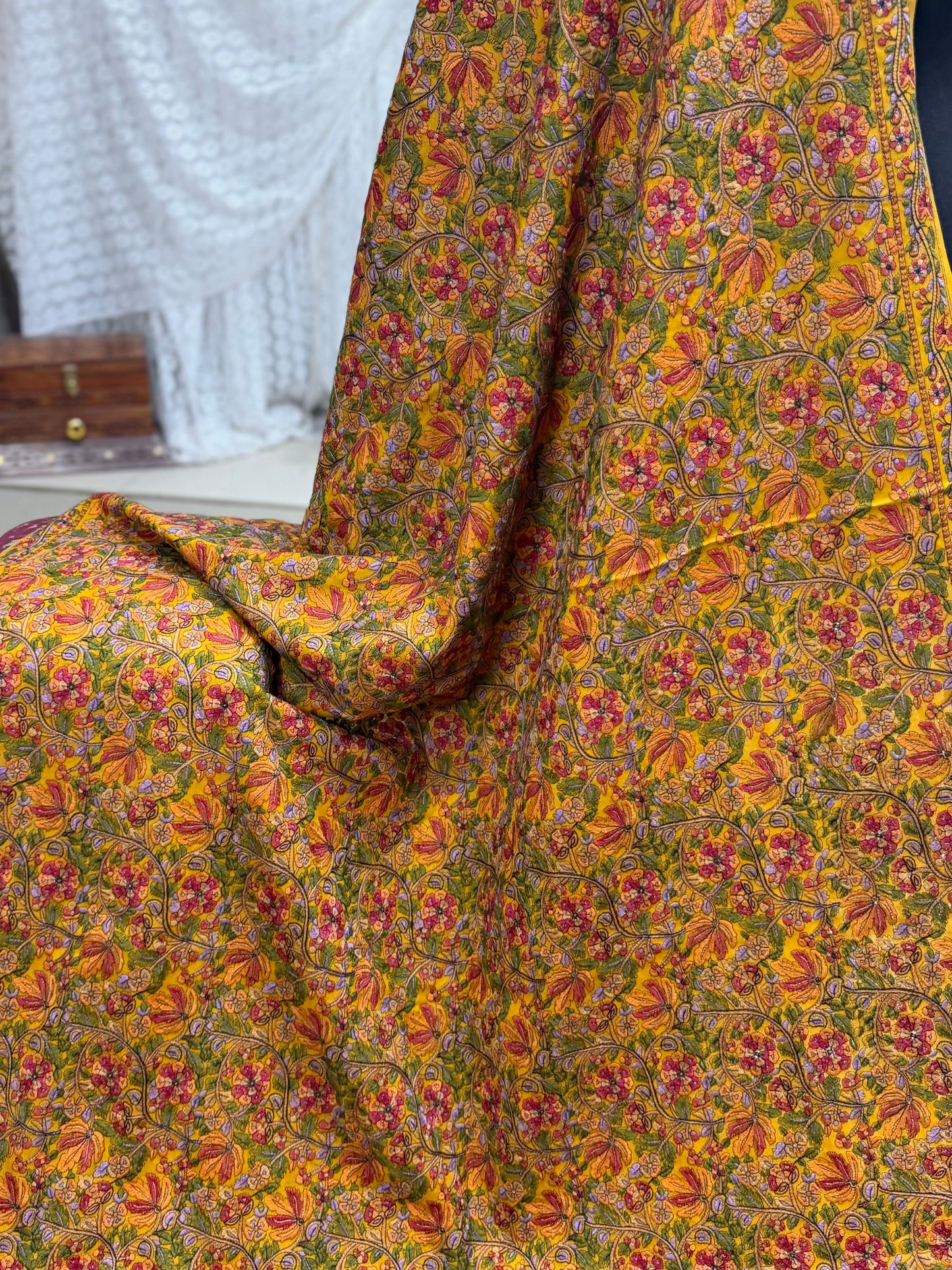 Full Embroidered Jama Jaal Pashmina Shawl | Mustard