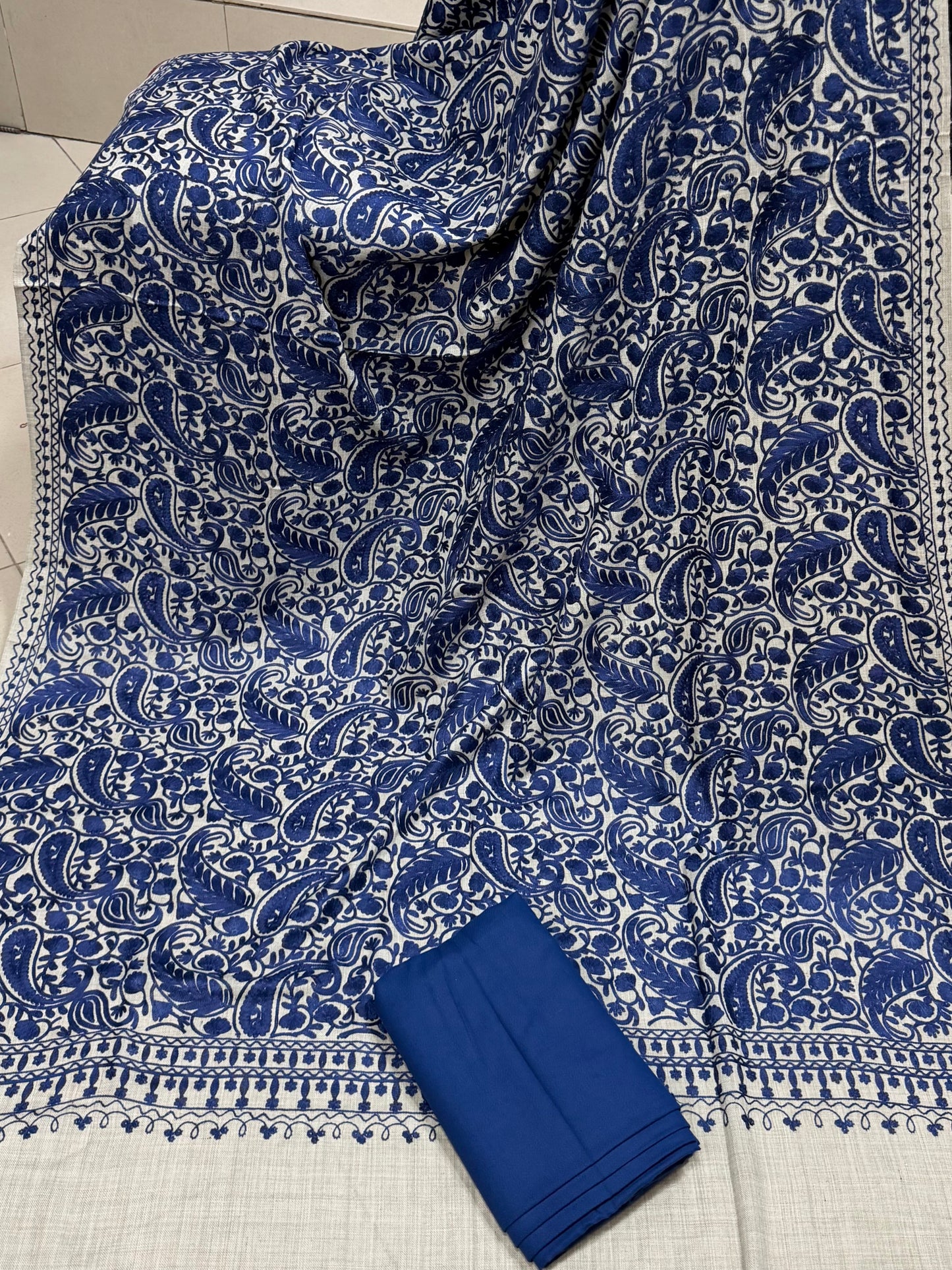 Pashmina 3 Piece Suit | Heavy Embroidered Shawl with Plain Suit Marina | Skin With Blue