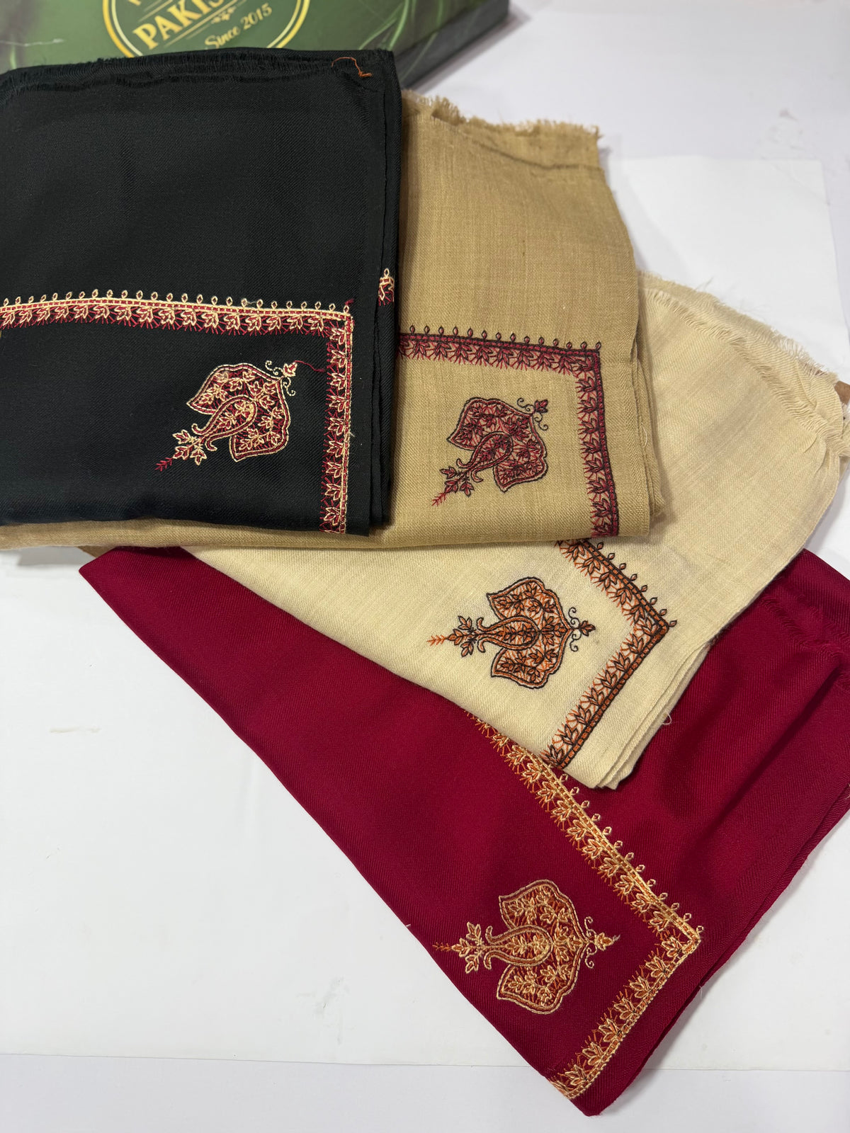 Kingri Border Embroidered Pashmina Shawl | Dark Skin