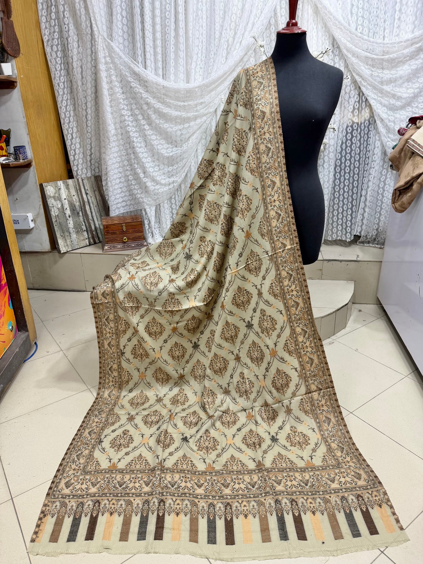 Pashmina Wool Multi Kani Shawl in Full Size | Multi Kani Work | Skin Brown