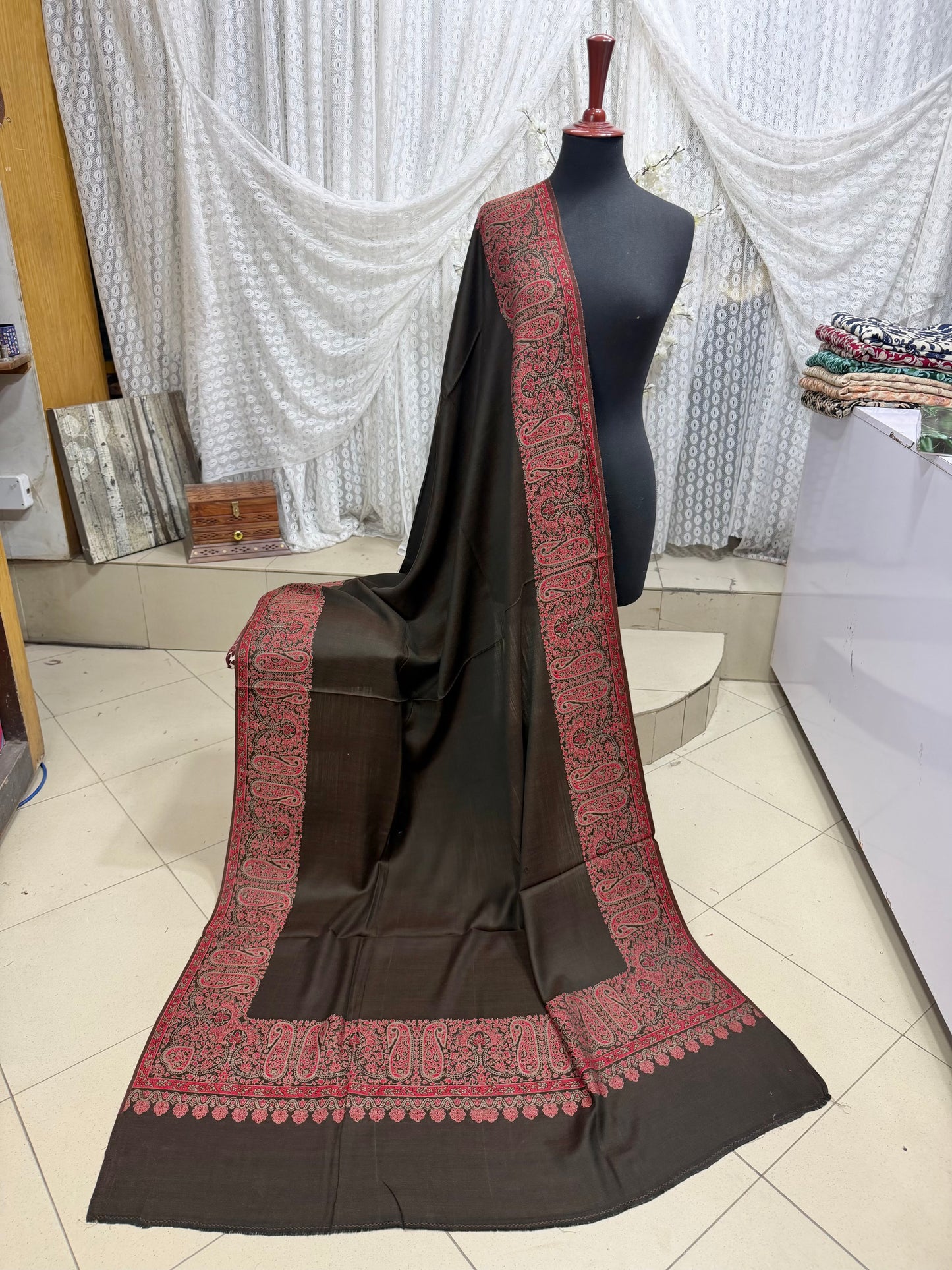 Pashmina Wool Kani Border Shawl in Full Size 4 Side Border | Dark Brown