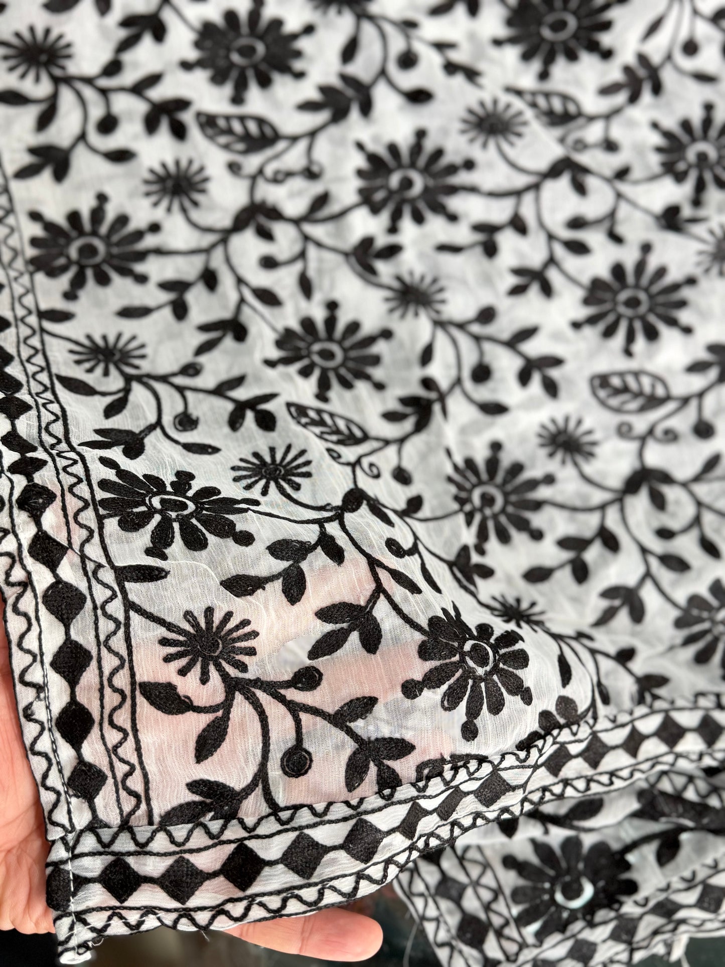 Crinkle Chiffon Embroidered Dupatta | White With Black Embroidery