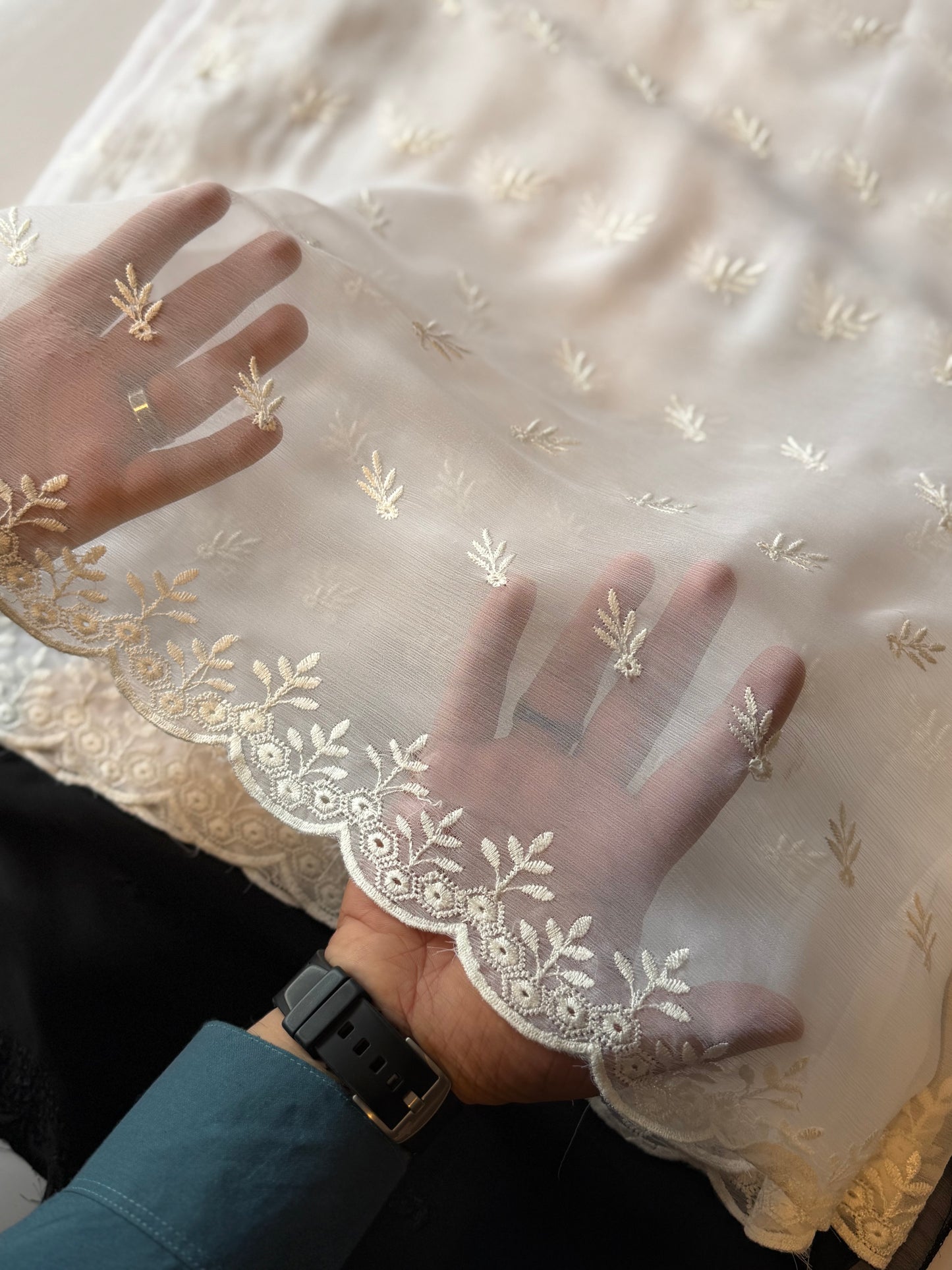 Chikankari Crinkle Chiffon Embroidered Dupatta | White