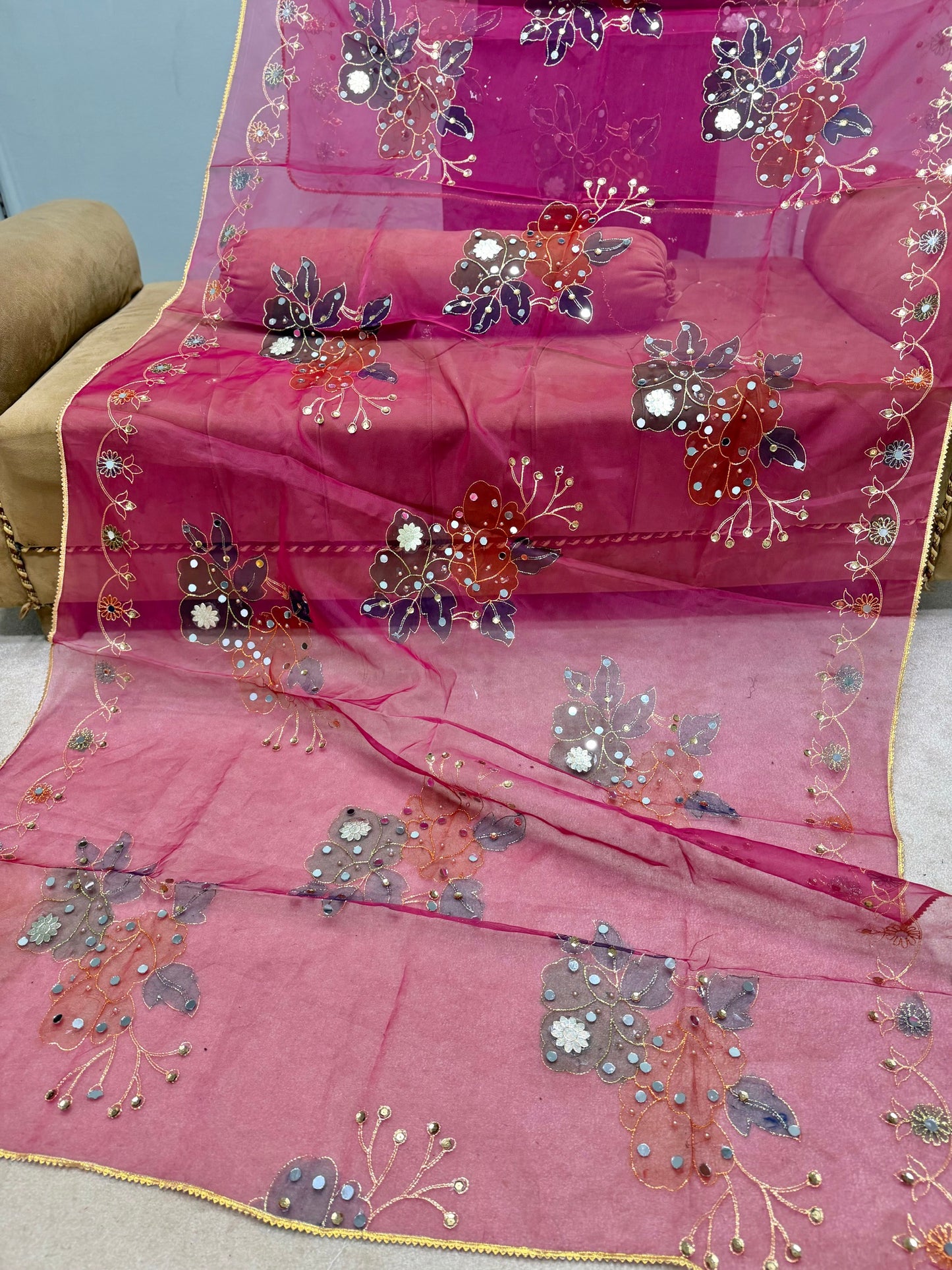 Fancy Organza Mirror Work and Embroidered Dupatta With Paint | Shocking Pink