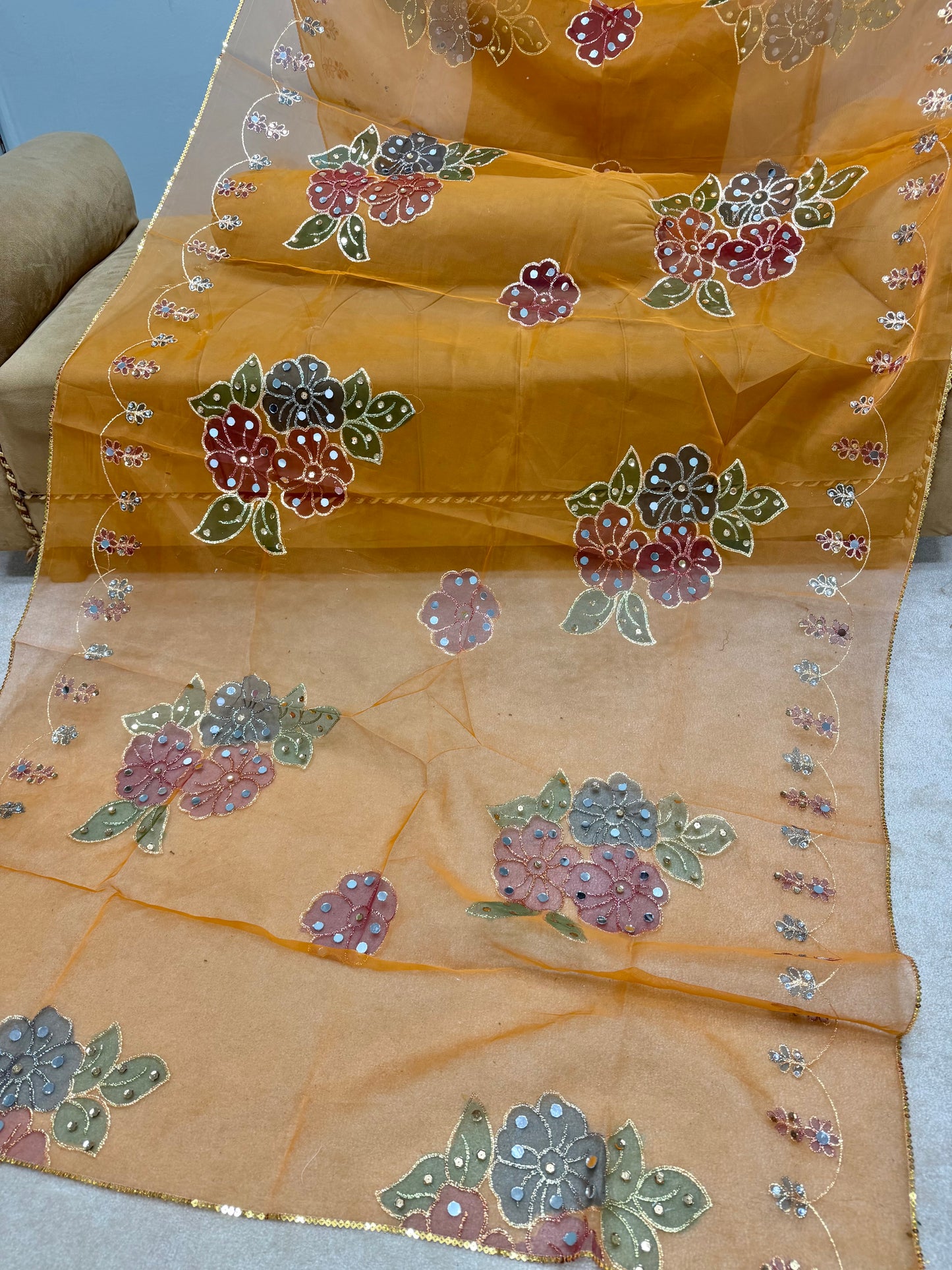 Fancy Organza Mirror Work and Embroidered Dupatta With Paint | Rust