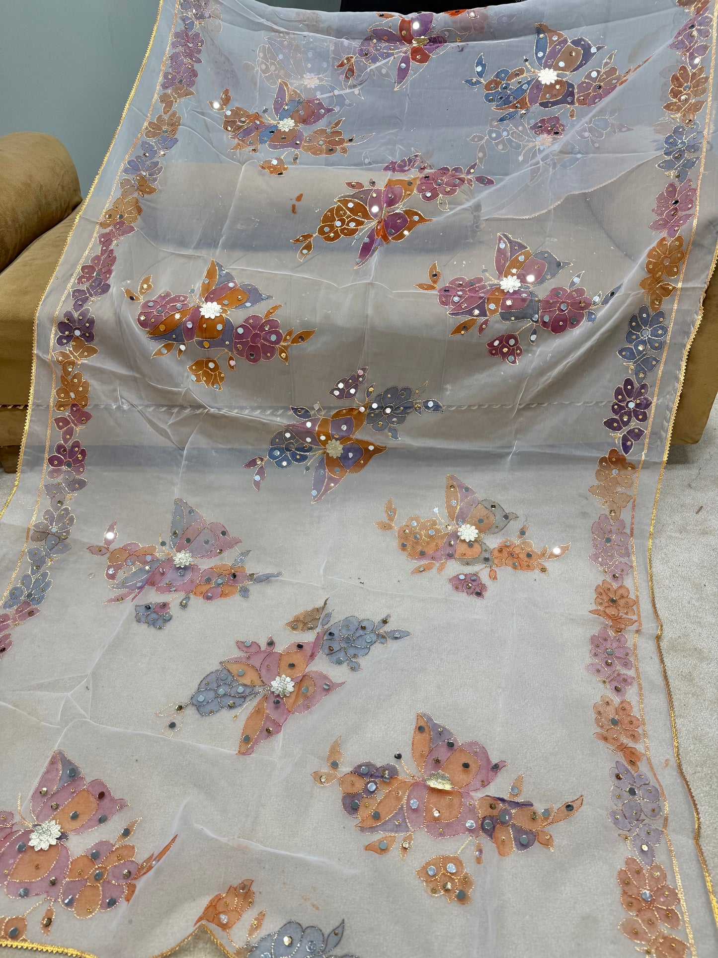 Fancy Organza Mirror Work and Embroidered Dupatta With Paint | White