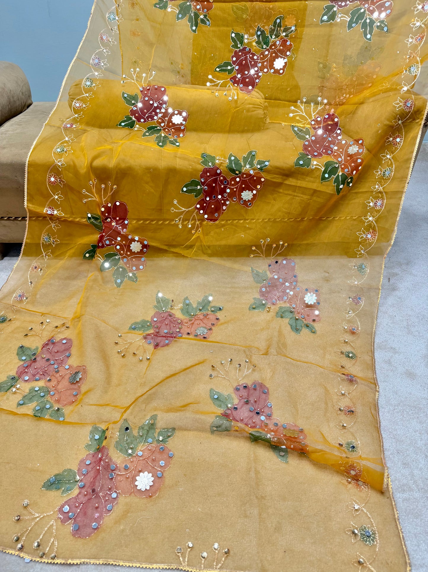 Fancy Organza Mirror Work and Embroidered Dupatta With Paint | Mustard