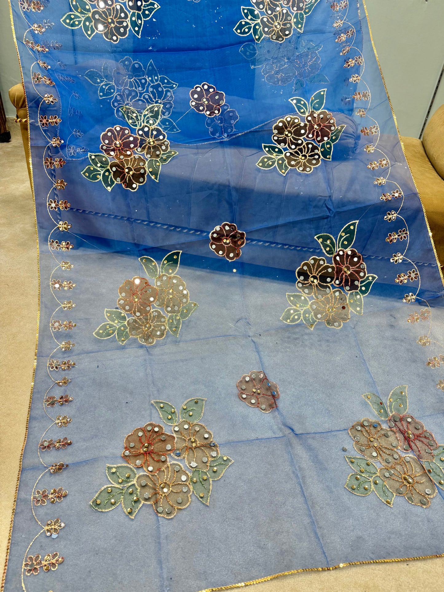 Fancy Organza Mirror Work and Embroidered Dupatta With Paint | Royal Blue