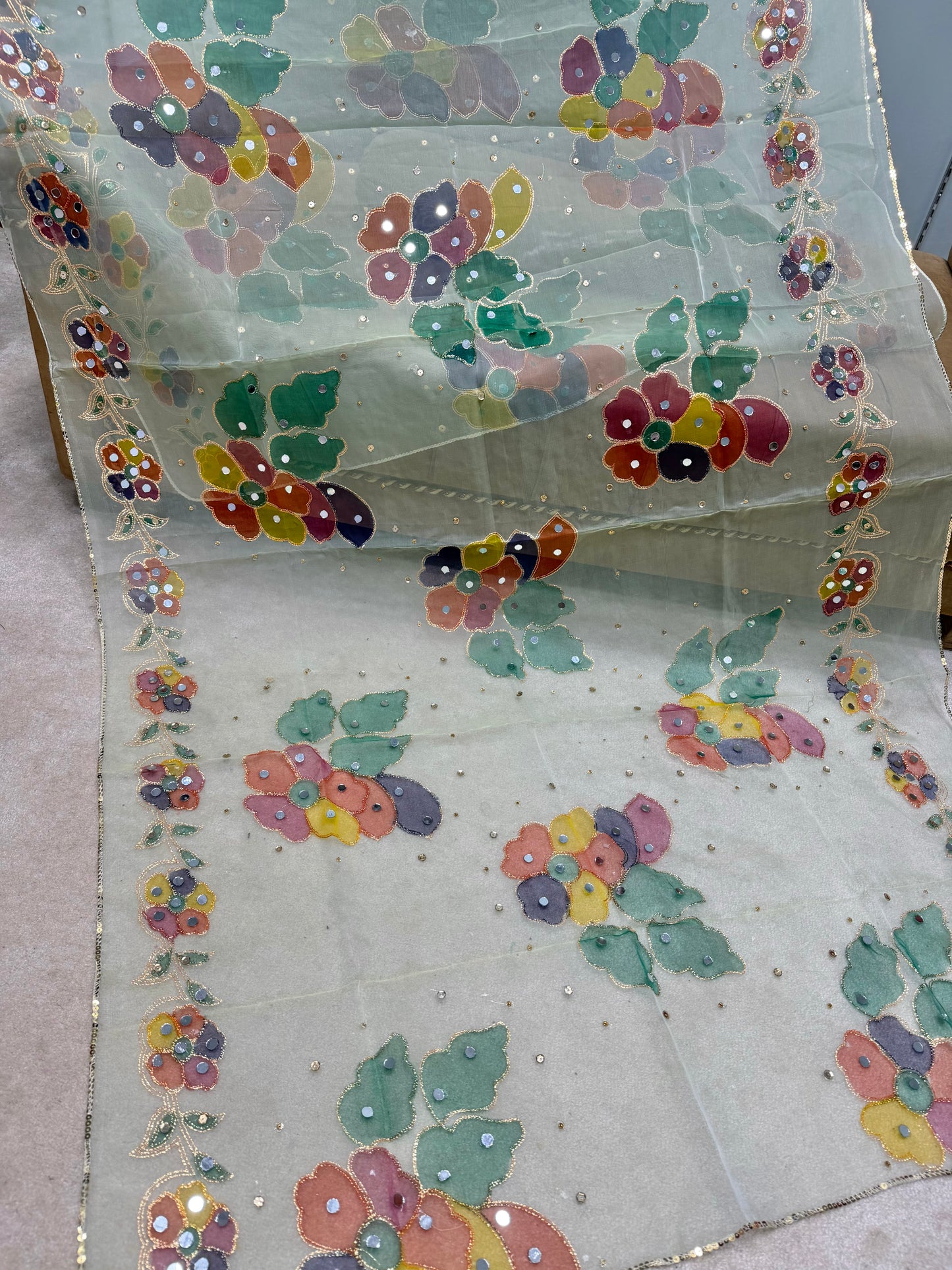 Fancy Organza Mirror Work and Embroidered Dupatta With Paint | Apple Green