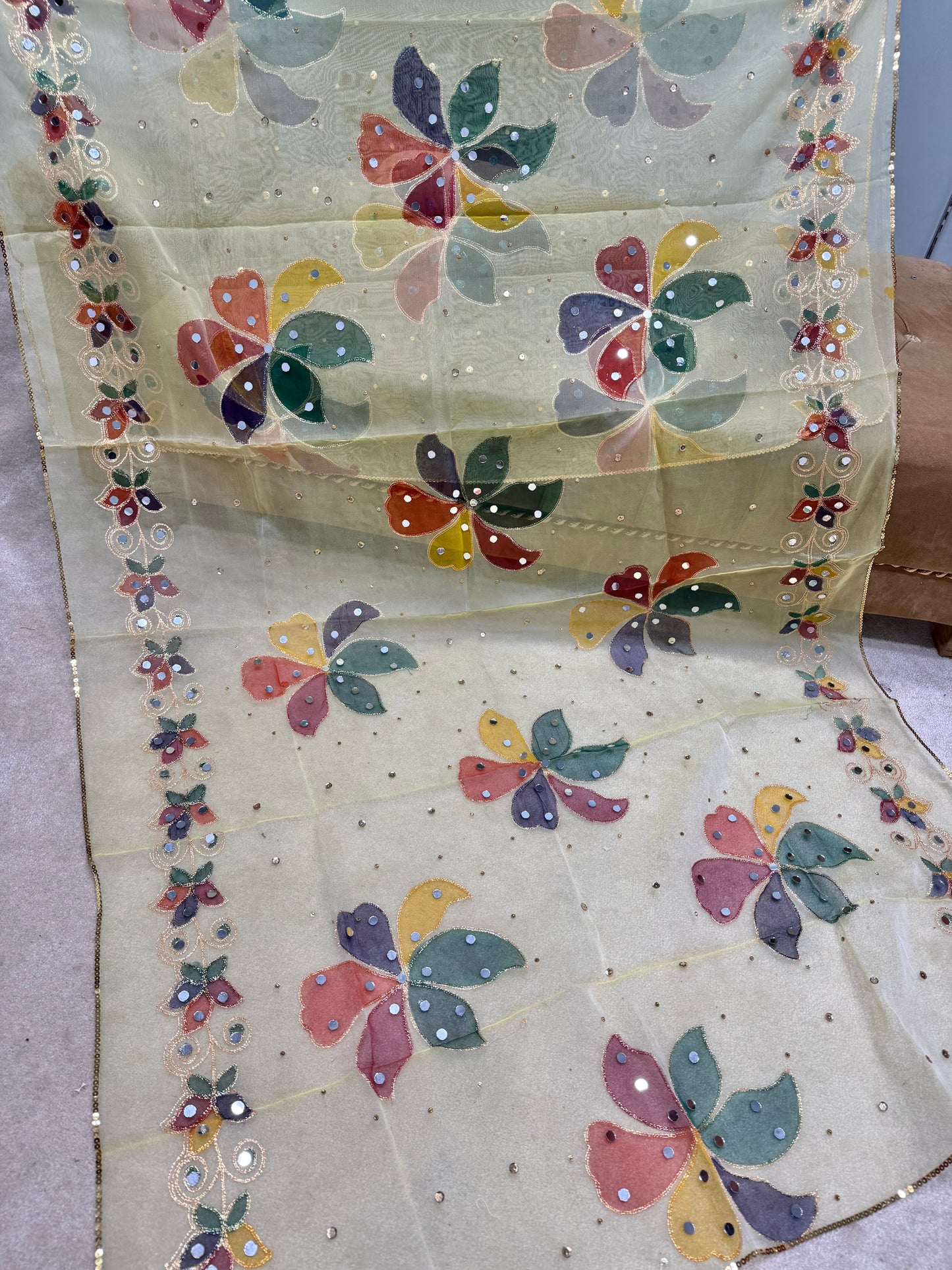 Fancy Organza Mirror Work and Embroidered Dupatta With Paint | Lemon