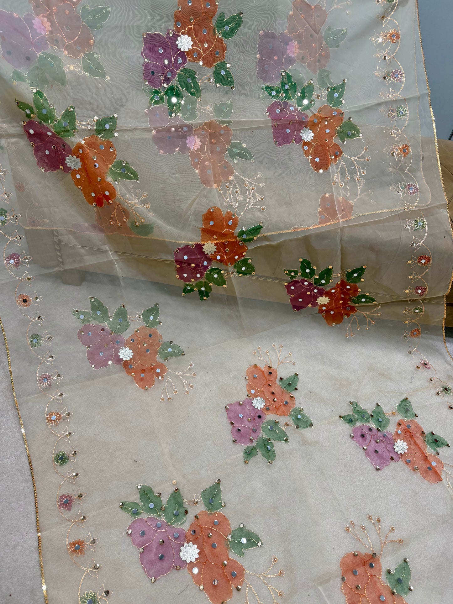 Fancy Organza Mirror Work and Embroidered Dupatta With Paint | Skin