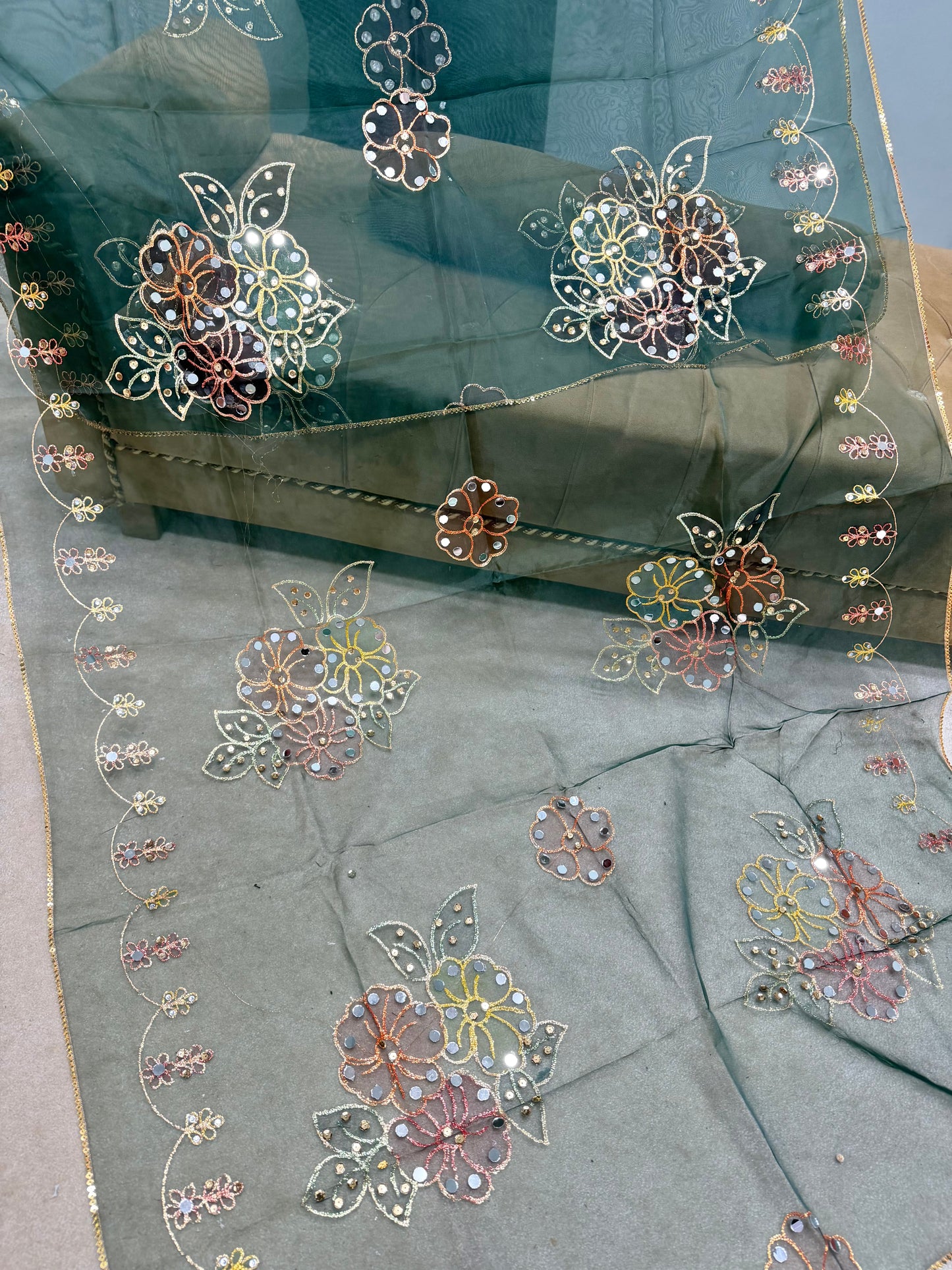 Fancy Organza Mirror Work and Embroidered Dupatta With Paint | Dark Green