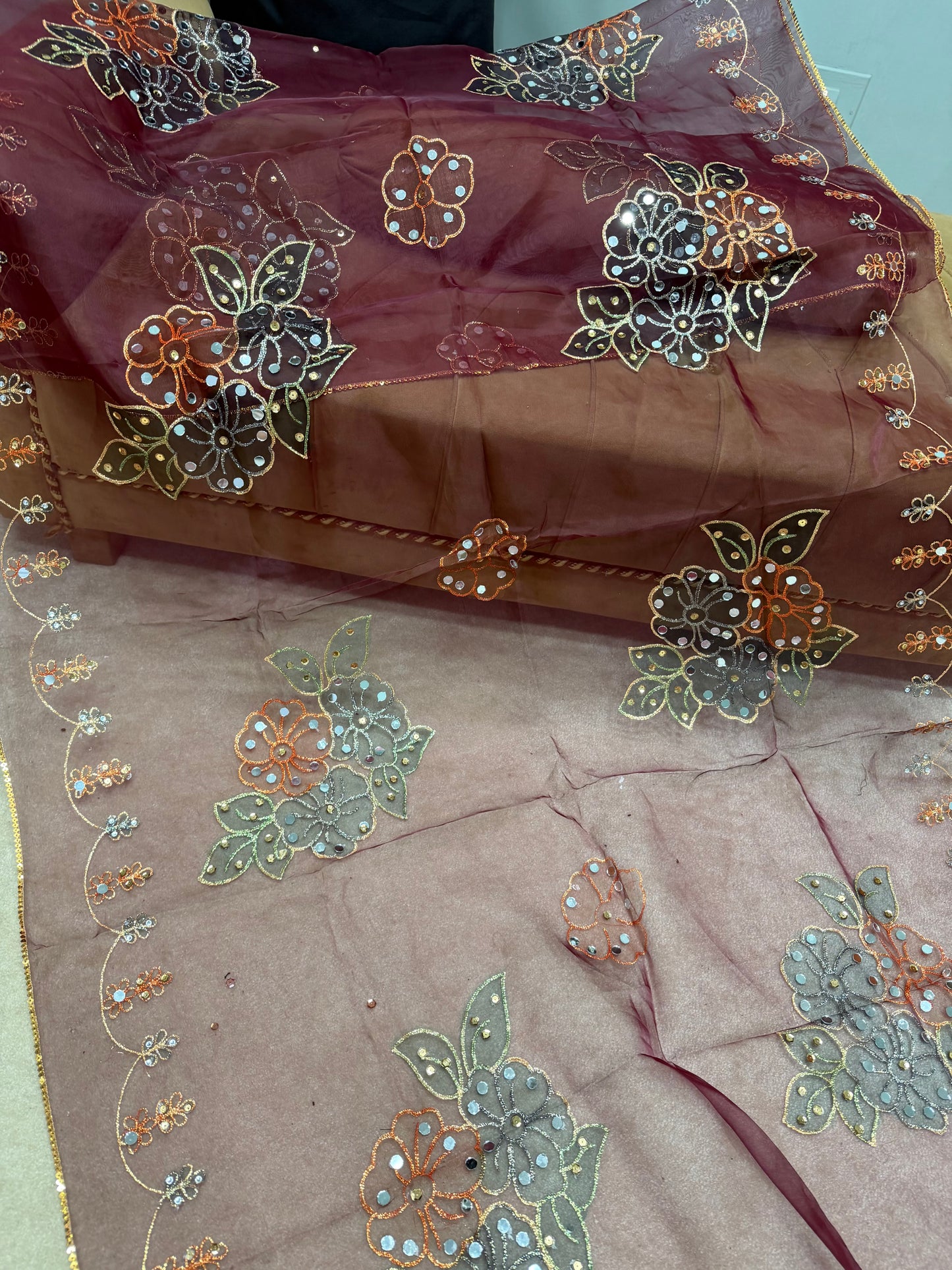 Fancy Organza Mirror Work and Embroidered Dupatta With Paint | Dark Maroon