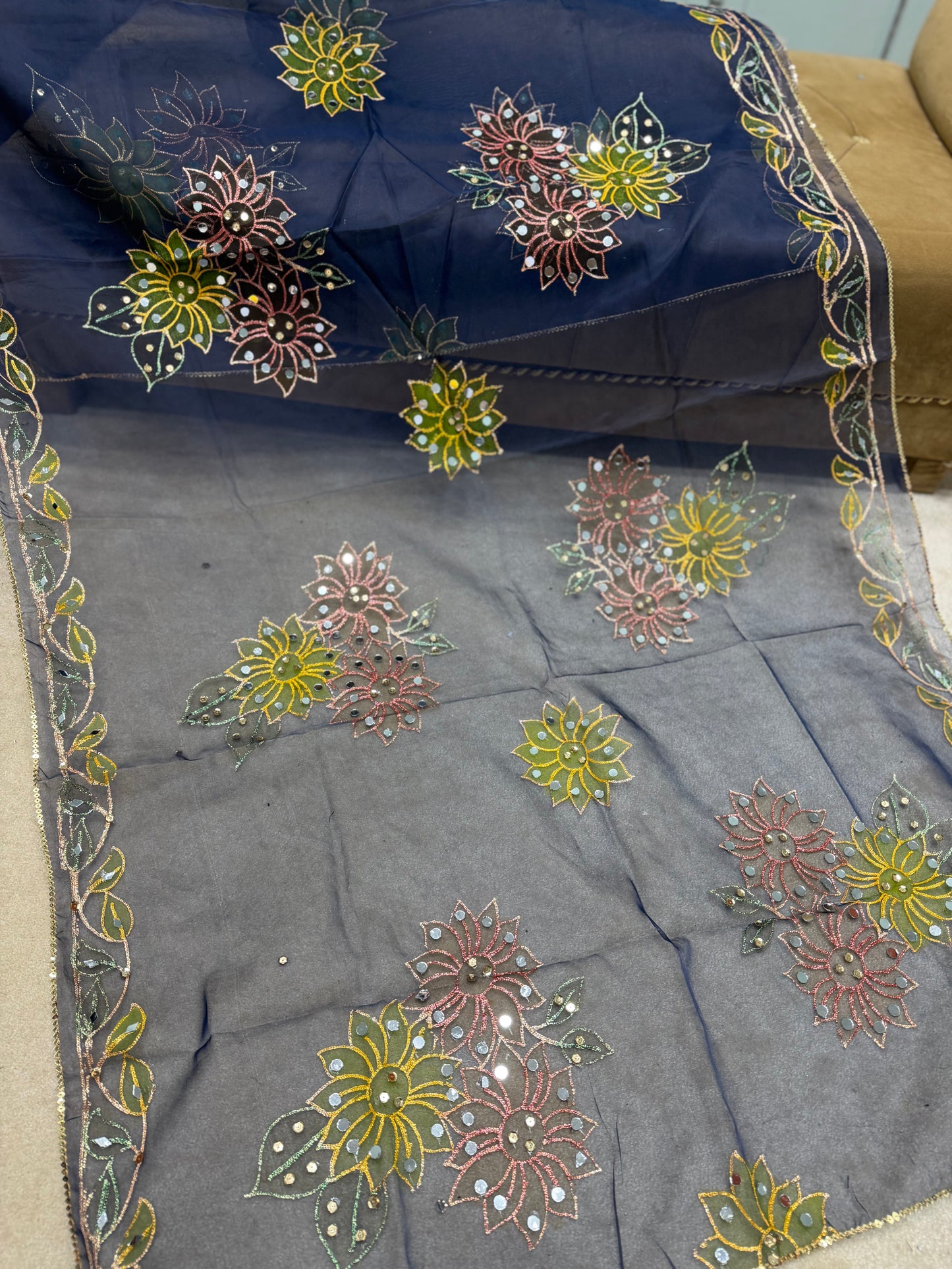 Fancy Organza Mirror Work and Embroidered Dupatta With Paint | Navy Blue