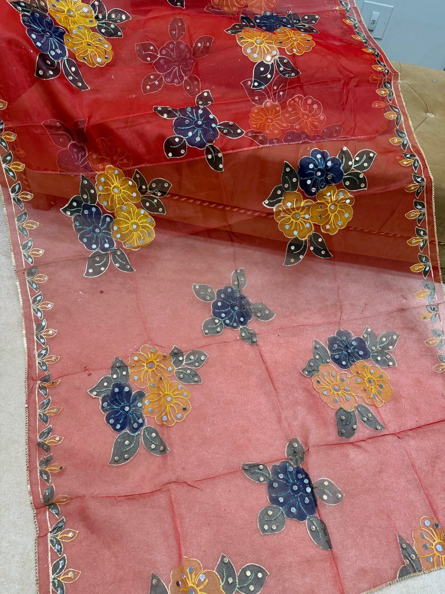 Fancy Organza Mirror Work and Embroidered Dupatta With Paint | Red