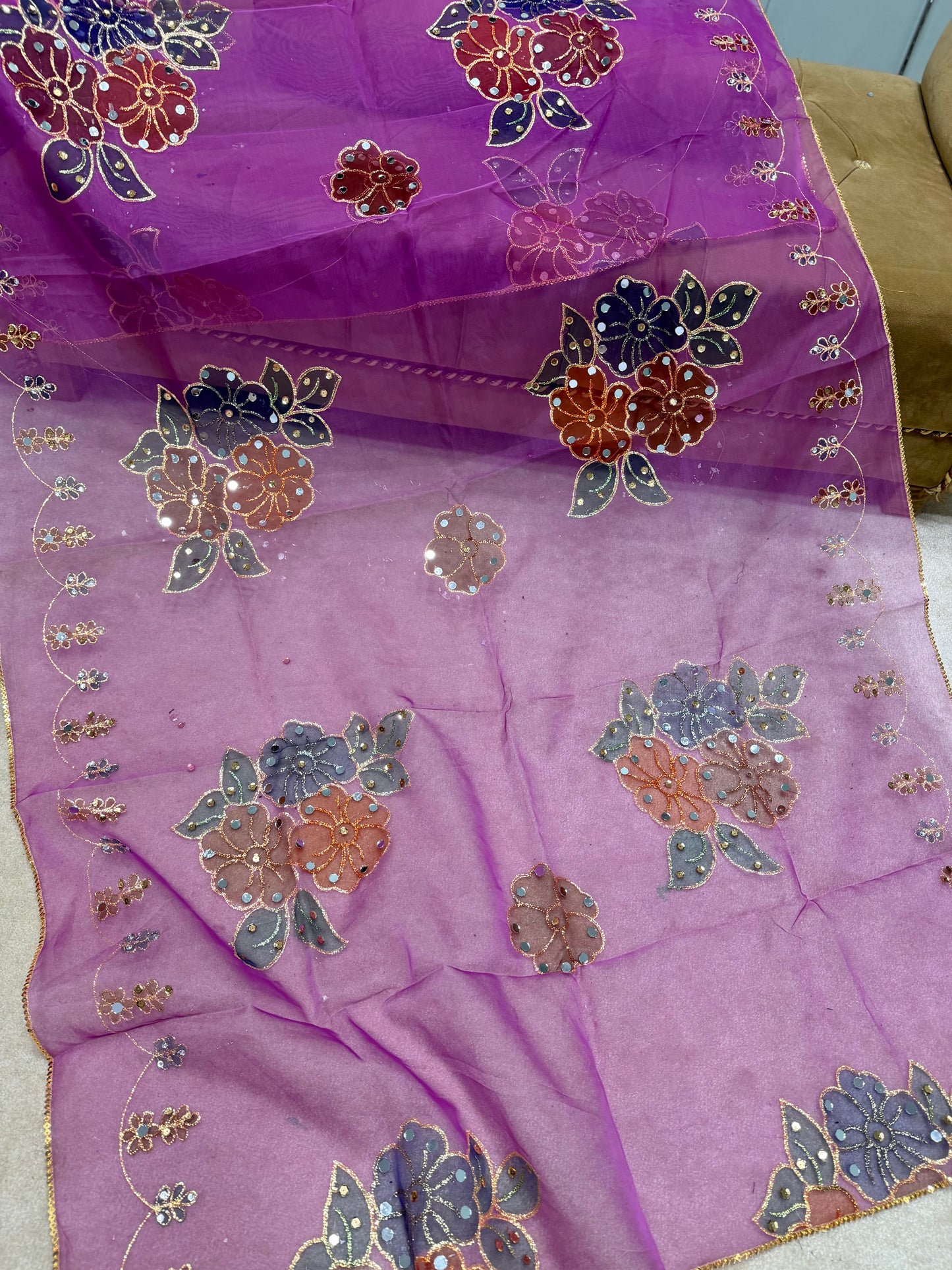 Fancy Organza Mirror Work and Embroidered Dupatta With Paint | Purple
