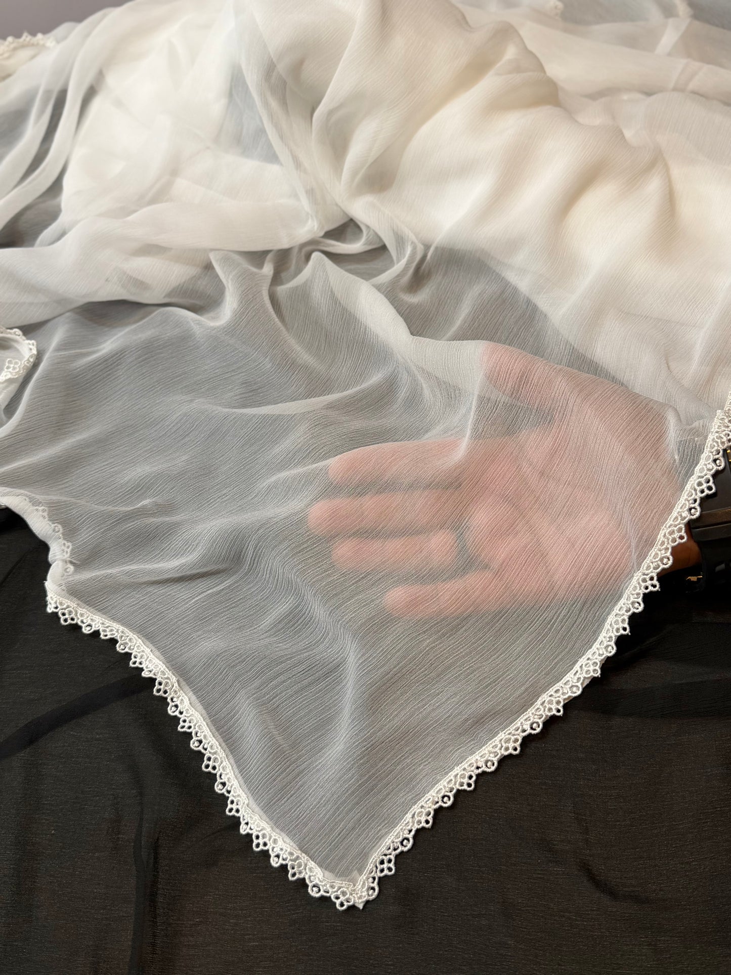 Plain Chiffon Dupatta 4 Side Lace Border | White