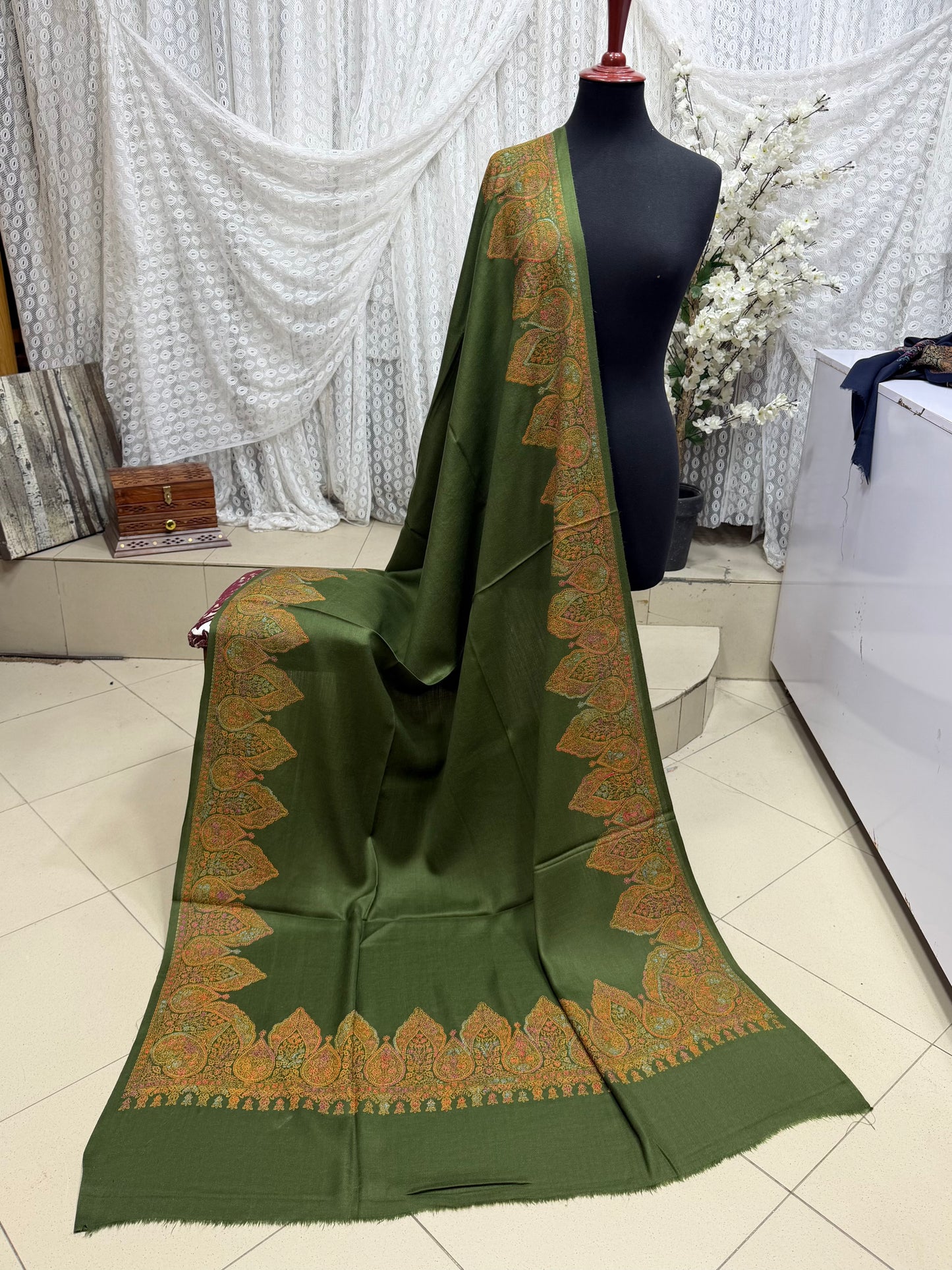 Pashmina Shawl Border Embroidery | Handmade Shawl Perfect Gift | Mehndi Green