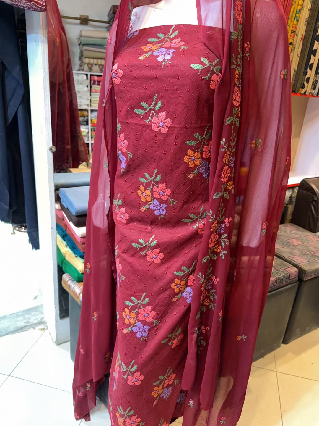3 Piece Embroidered Lawn Suit With Chiffon Dupatta | Purple